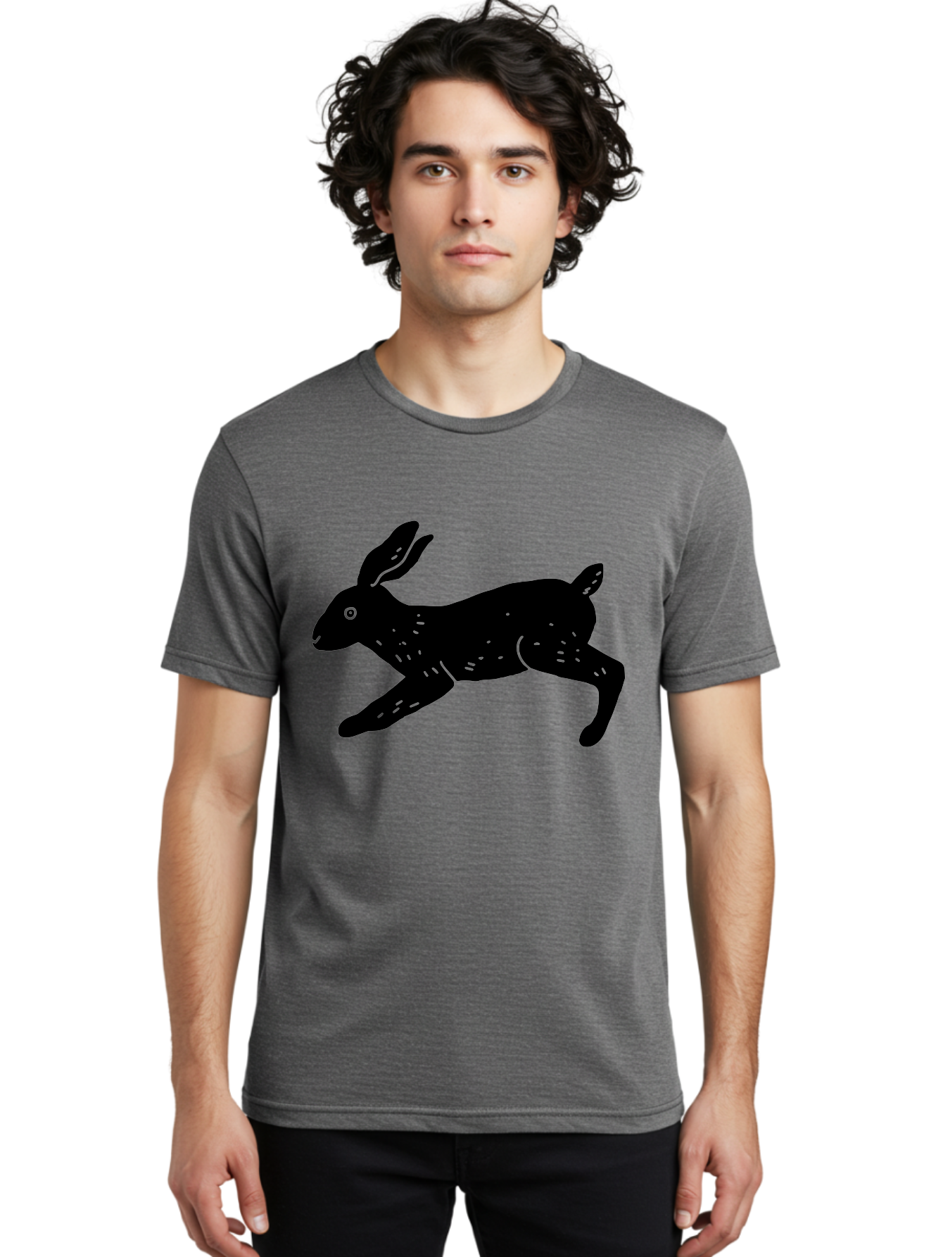 Rabbit-Silhouette Men'S Graphic Tee, 100% Cotton, Comfortable Casual Summer Wear, Machine Washable, Running Rabbit, Black Silhouette, Neon Green Accents, Dynamic Movement, Simple Design, Abstract Art, Minimalist Style, Rabbit Illustration -  Aaa610
