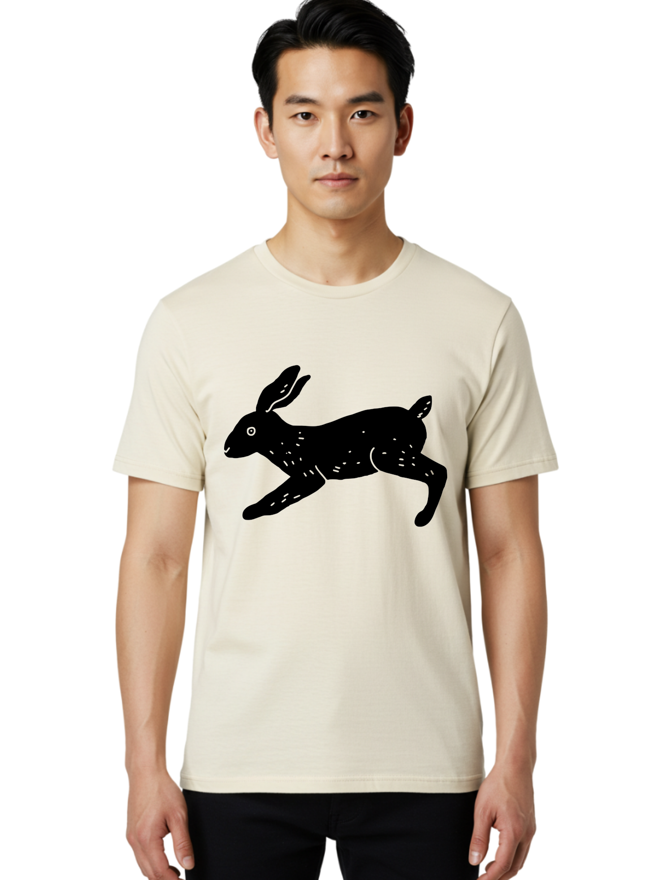 Rabbit-Silhouette Men'S Graphic Tee, 100% Cotton, Comfortable Casual Summer Wear, Machine Washable, Running Rabbit, Black Silhouette, Neon Green Accents, Dynamic Movement, Simple Design, Abstract Art, Minimalist Style, Rabbit Illustration -  Aaa610