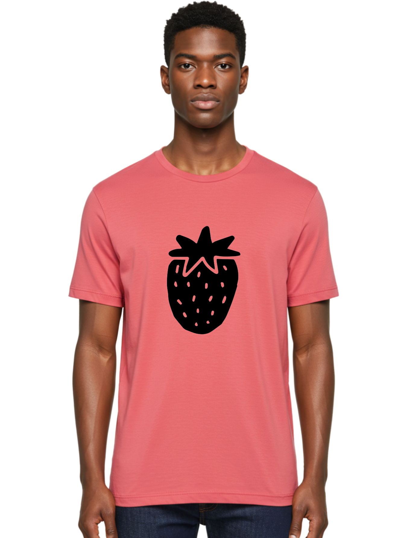 Strawberry Men'S Graphic Tee, 100% Cotton, Comfortable Casual Summer Wear, Machine Washable, Strawberry Silhouette, Simple Illustration, Strawberry Graphic, Black And Green, Fruit Icon, Summer Fruit -  Aaa612