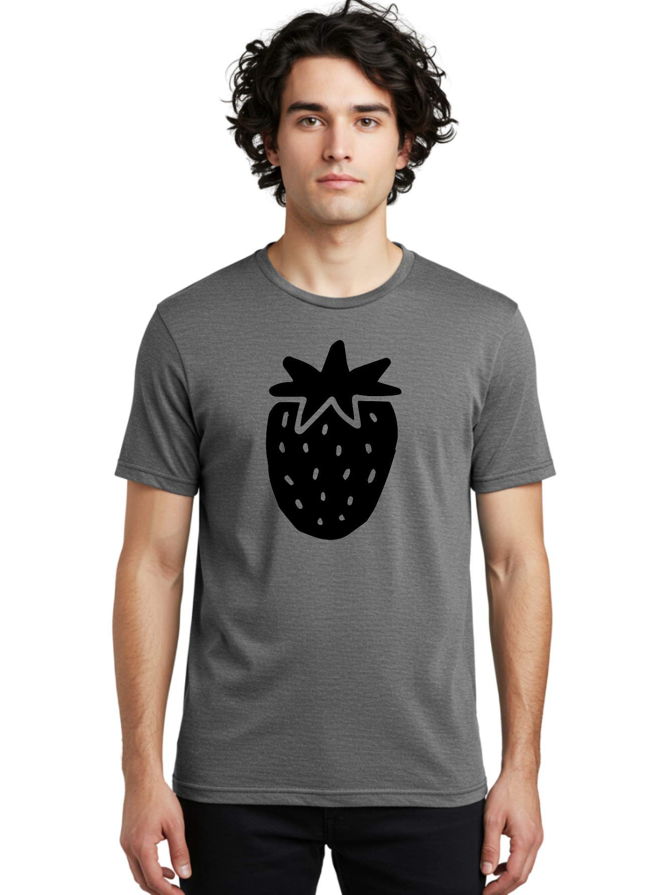 Strawberry Men'S Graphic Tee, 100% Cotton, Comfortable Casual Summer Wear, Machine Washable, Strawberry Silhouette, Simple Illustration, Strawberry Graphic, Black And Green, Fruit Icon, Summer Fruit -  Aaa612