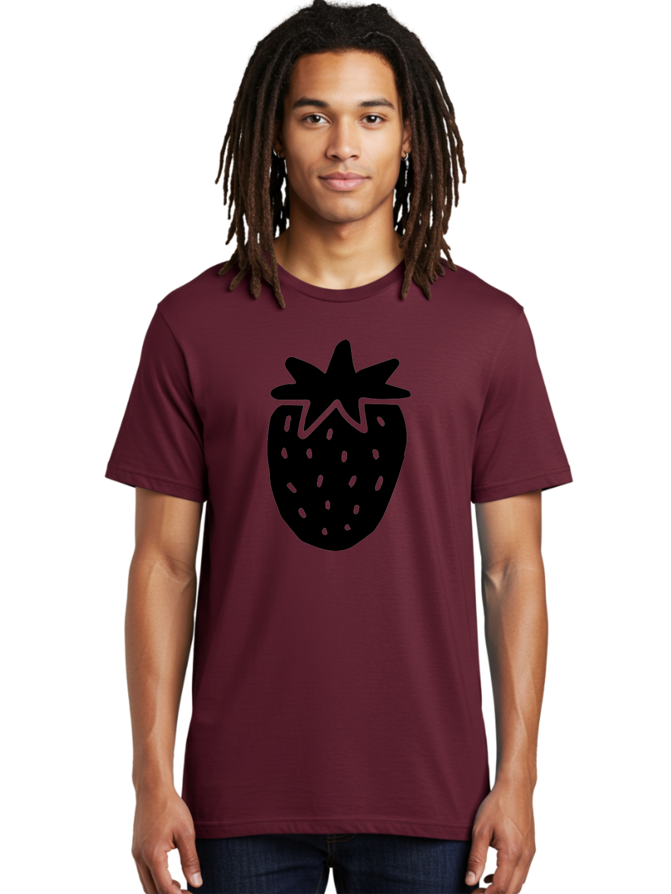 Strawberry Men'S Graphic Tee, 100% Cotton, Comfortable Casual Summer Wear, Machine Washable, Strawberry Silhouette, Simple Illustration, Strawberry Graphic, Black And Green, Fruit Icon, Summer Fruit -  Aaa612