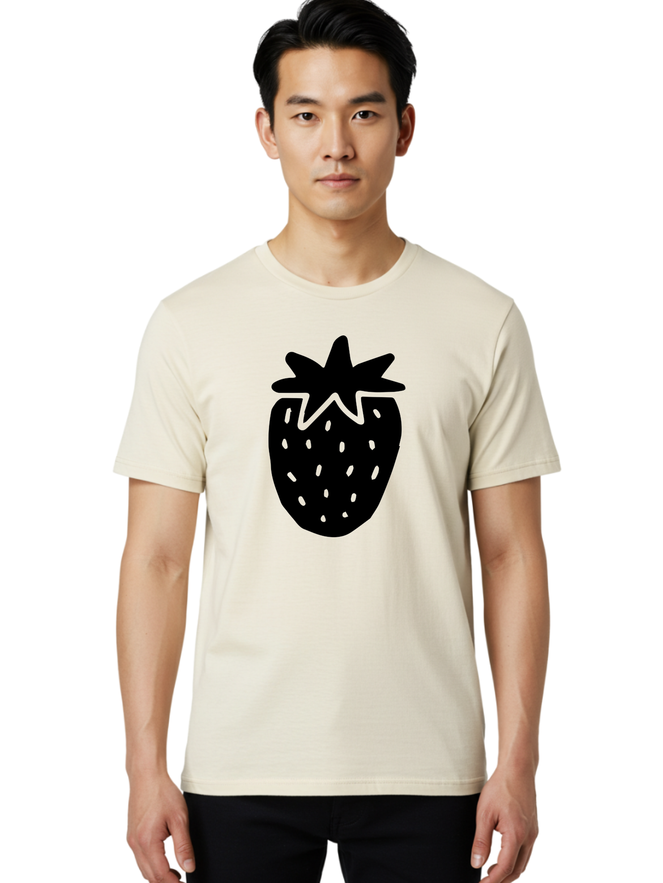 Strawberry Men'S Graphic Tee, 100% Cotton, Comfortable Casual Summer Wear, Machine Washable, Strawberry Silhouette, Simple Illustration, Strawberry Graphic, Black And Green, Fruit Icon, Summer Fruit -  Aaa612