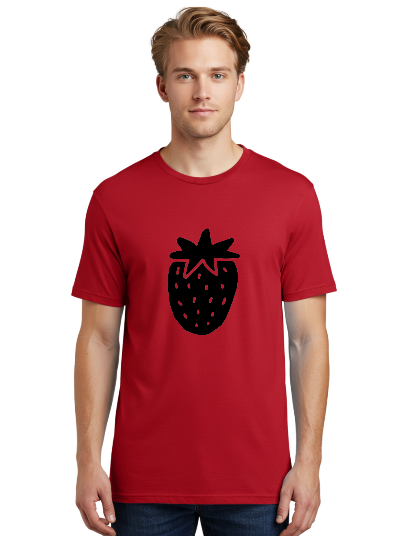 Strawberry Men'S Graphic Tee, 100% Cotton, Comfortable Casual Summer Wear, Machine Washable, Strawberry Silhouette, Simple Illustration, Strawberry Graphic, Black And Green, Fruit Icon, Summer Fruit -  Aaa612