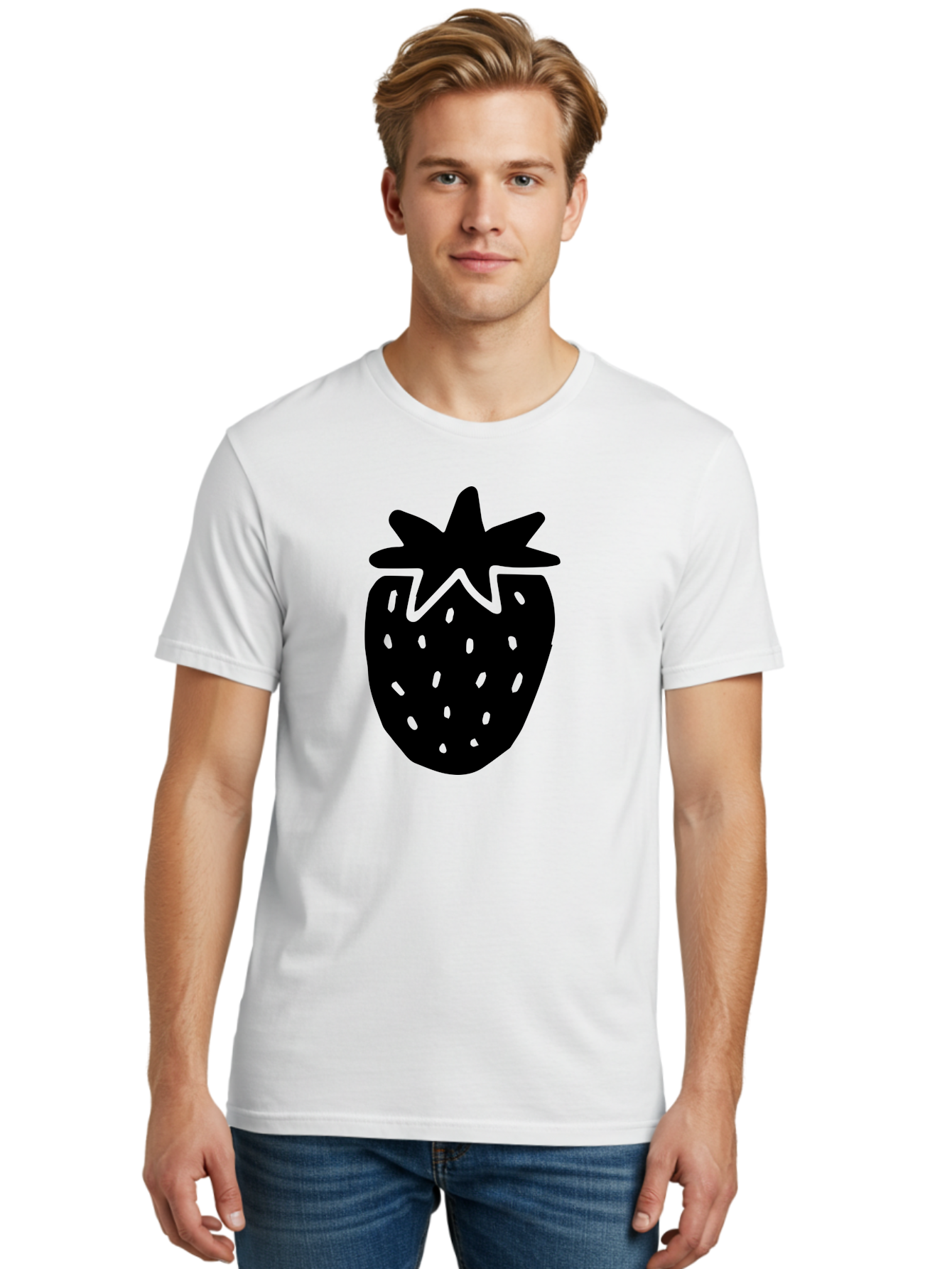Strawberry Men'S Graphic Tee, 100% Cotton, Comfortable Casual Summer Wear, Machine Washable, Strawberry Silhouette, Simple Illustration, Strawberry Graphic, Black And Green, Fruit Icon, Summer Fruit -  Aaa612