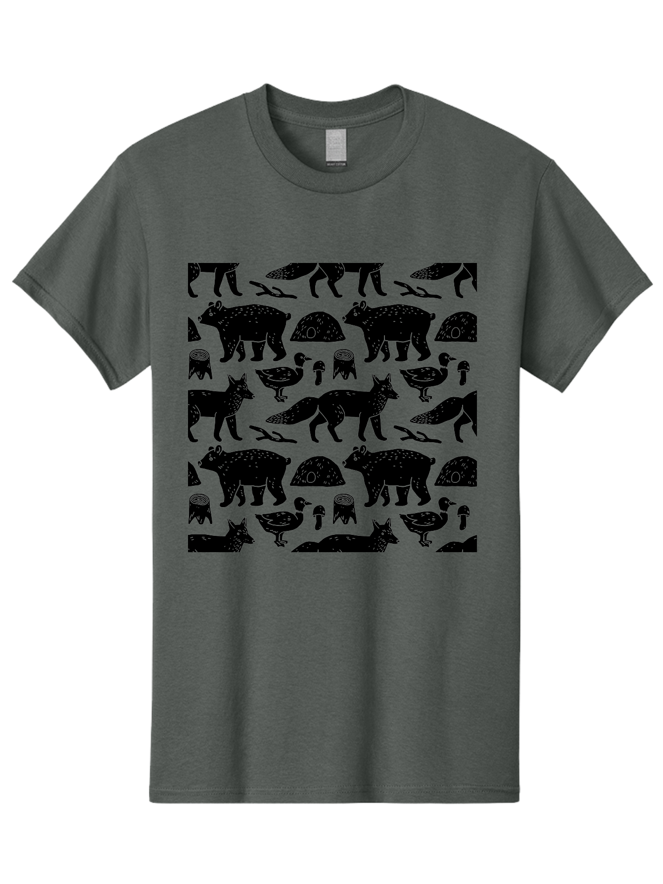 Woodland-Animal-Pattern Men'S Graphic Tee, 100% Cotton, Comfortable Casual Summer Wear, Machine Washable, Black Silhouettes Of Bears, Foxes, Birds, Mushrooms, Branches, Forest Creatures, Wildlife Pattern, Nature Design, Forest Theme, -  Aaa618