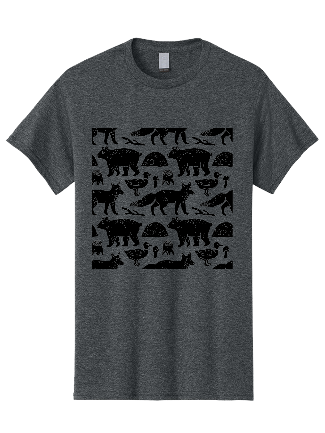 Woodland-Animal-Pattern Men'S Graphic Tee, 100% Cotton, Comfortable Casual Summer Wear, Machine Washable, Black Silhouettes Of Bears, Foxes, Birds, Mushrooms, Branches, Forest Creatures, Wildlife Pattern, Nature Design, Forest Theme, -  Aaa618