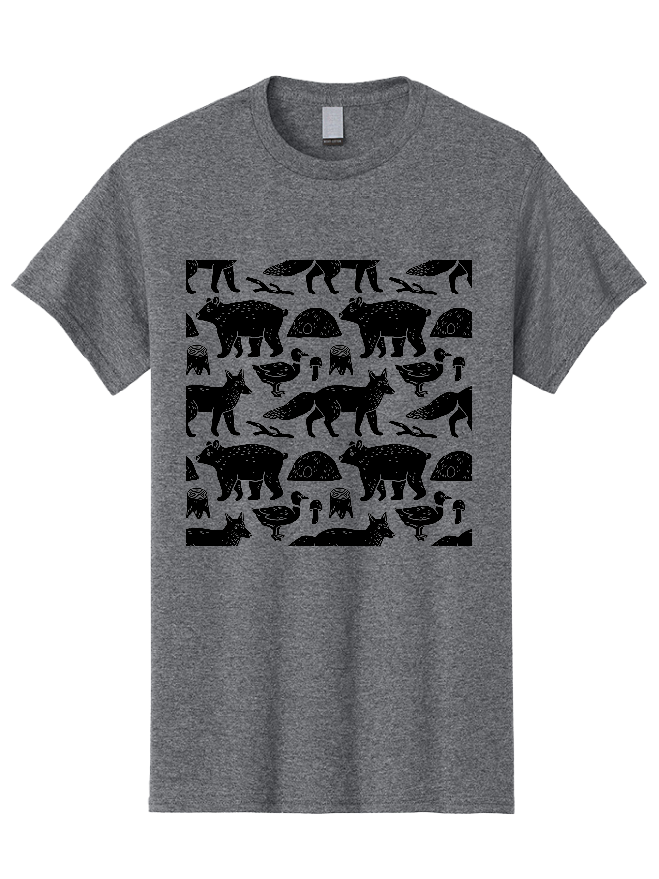 Woodland-Animal-Pattern Men'S Graphic Tee, 100% Cotton, Comfortable Casual Summer Wear, Machine Washable, Black Silhouettes Of Bears, Foxes, Birds, Mushrooms, Branches, Forest Creatures, Wildlife Pattern, Nature Design, Forest Theme, -  Aaa618