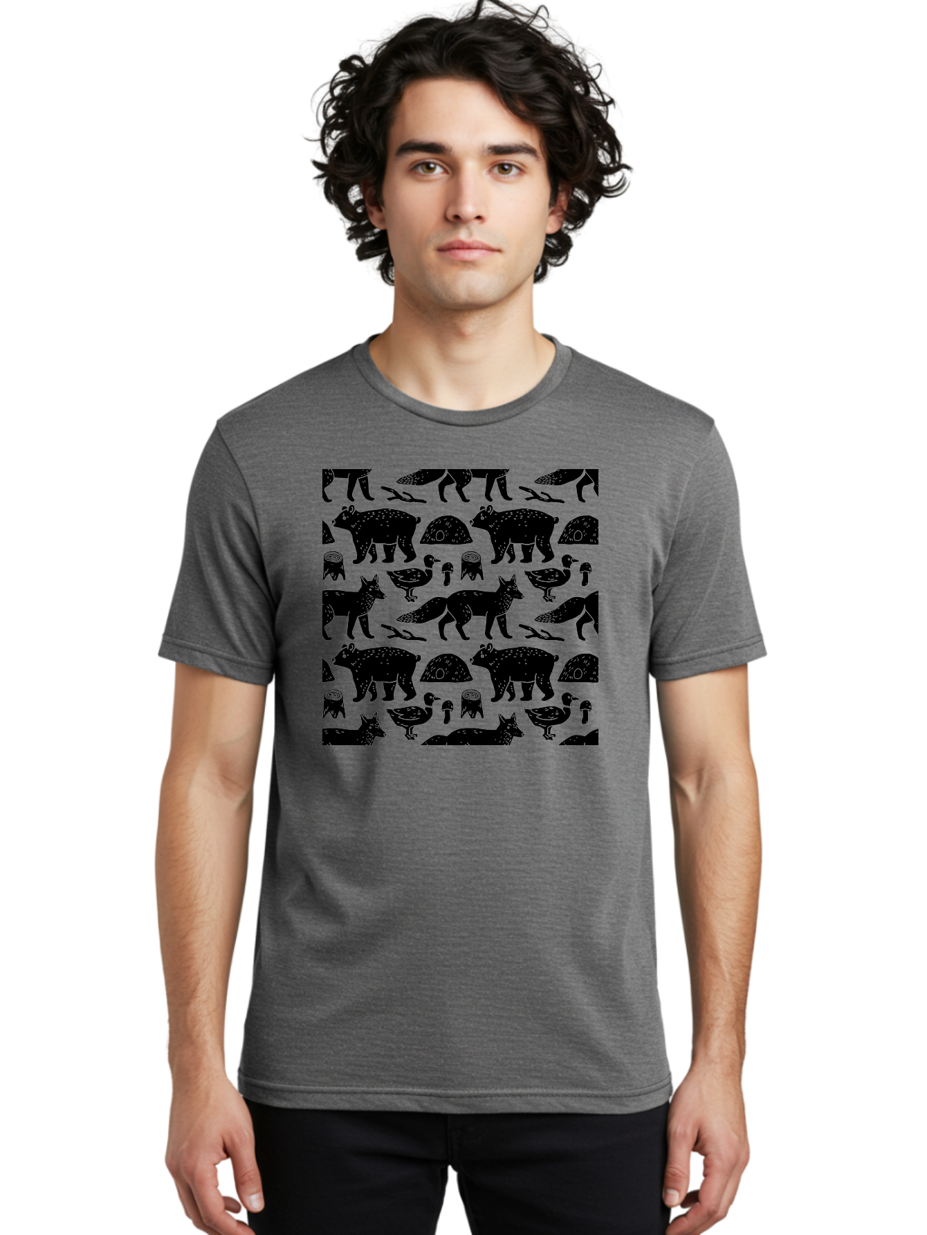Woodland-Animal-Pattern Men'S Graphic Tee, 100% Cotton, Comfortable Casual Summer Wear, Machine Washable, Black Silhouettes Of Bears, Foxes, Birds, Mushrooms, Branches, Forest Creatures, Wildlife Pattern, Nature Design, Forest Theme, -  Aaa618