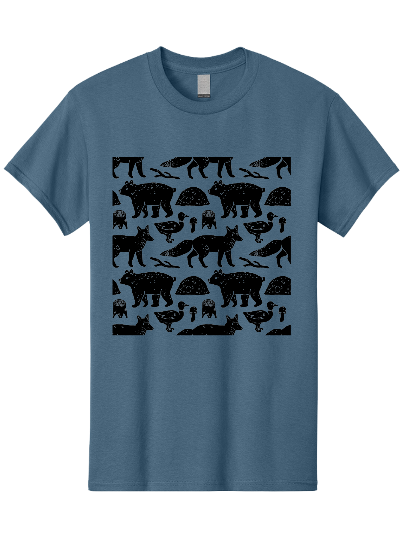 Woodland-Animal-Pattern Men'S Graphic Tee, 100% Cotton, Comfortable Casual Summer Wear, Machine Washable, Black Silhouettes Of Bears, Foxes, Birds, Mushrooms, Branches, Forest Creatures, Wildlife Pattern, Nature Design, Forest Theme, -  Aaa618