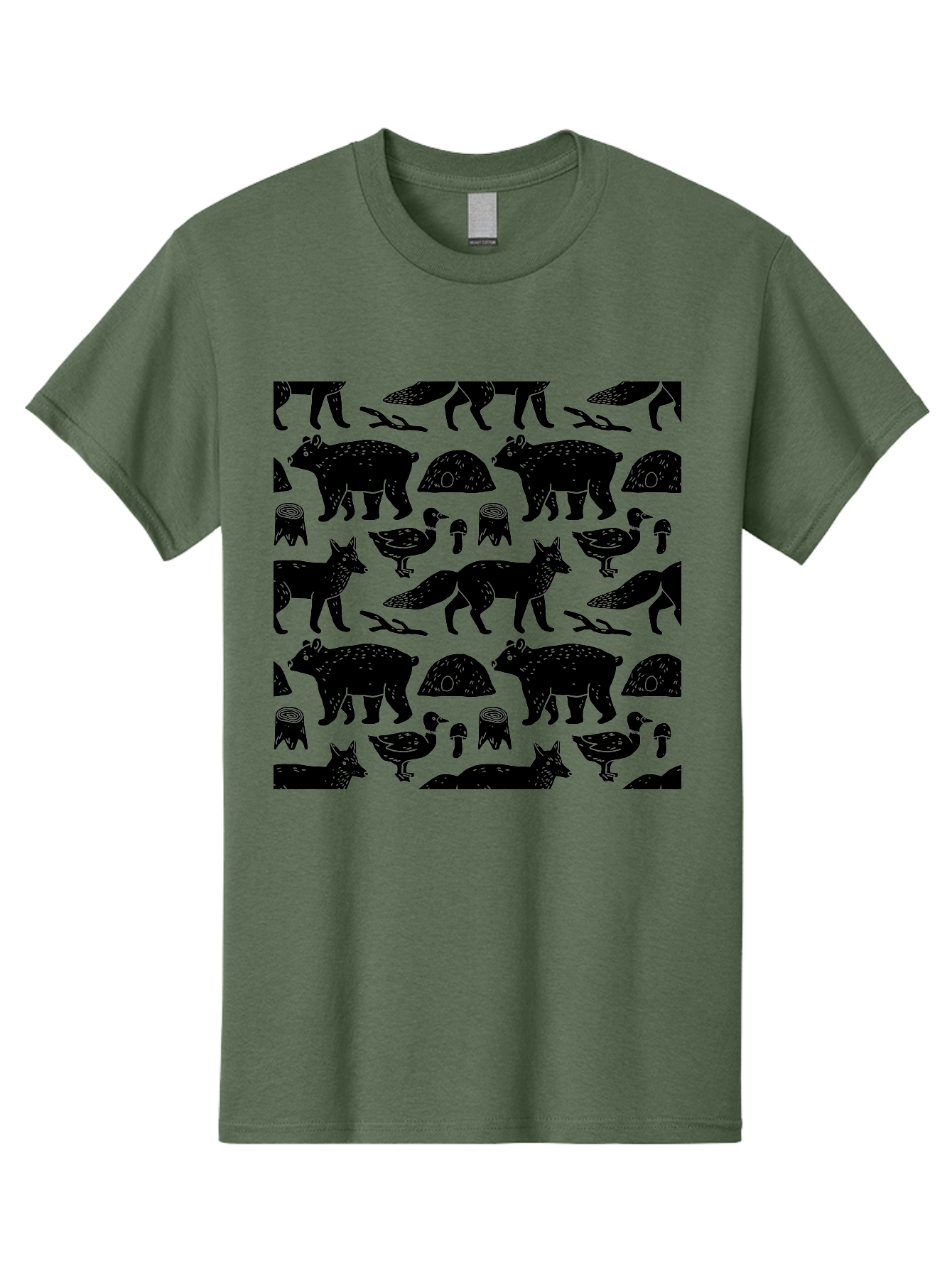 Woodland-Animal-Pattern Men'S Graphic Tee, 100% Cotton, Comfortable Casual Summer Wear, Machine Washable, Black Silhouettes Of Bears, Foxes, Birds, Mushrooms, Branches, Forest Creatures, Wildlife Pattern, Nature Design, Forest Theme, -  Aaa618