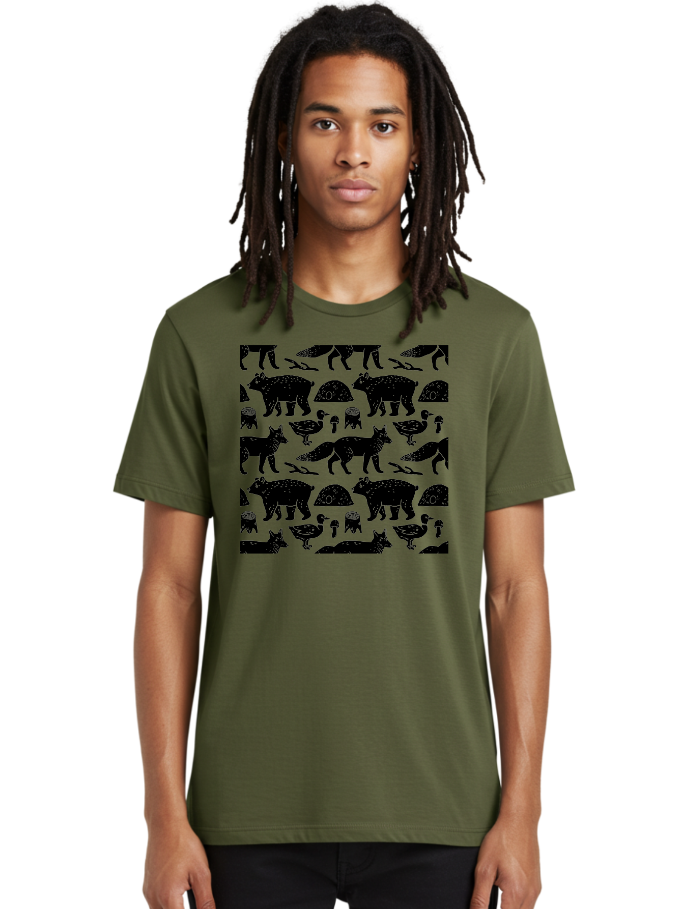 Woodland-Animal-Pattern Men'S Graphic Tee, 100% Cotton, Comfortable Casual Summer Wear, Machine Washable, Black Silhouettes Of Bears, Foxes, Birds, Mushrooms, Branches, Forest Creatures, Wildlife Pattern, Nature Design, Forest Theme, -  Aaa618
