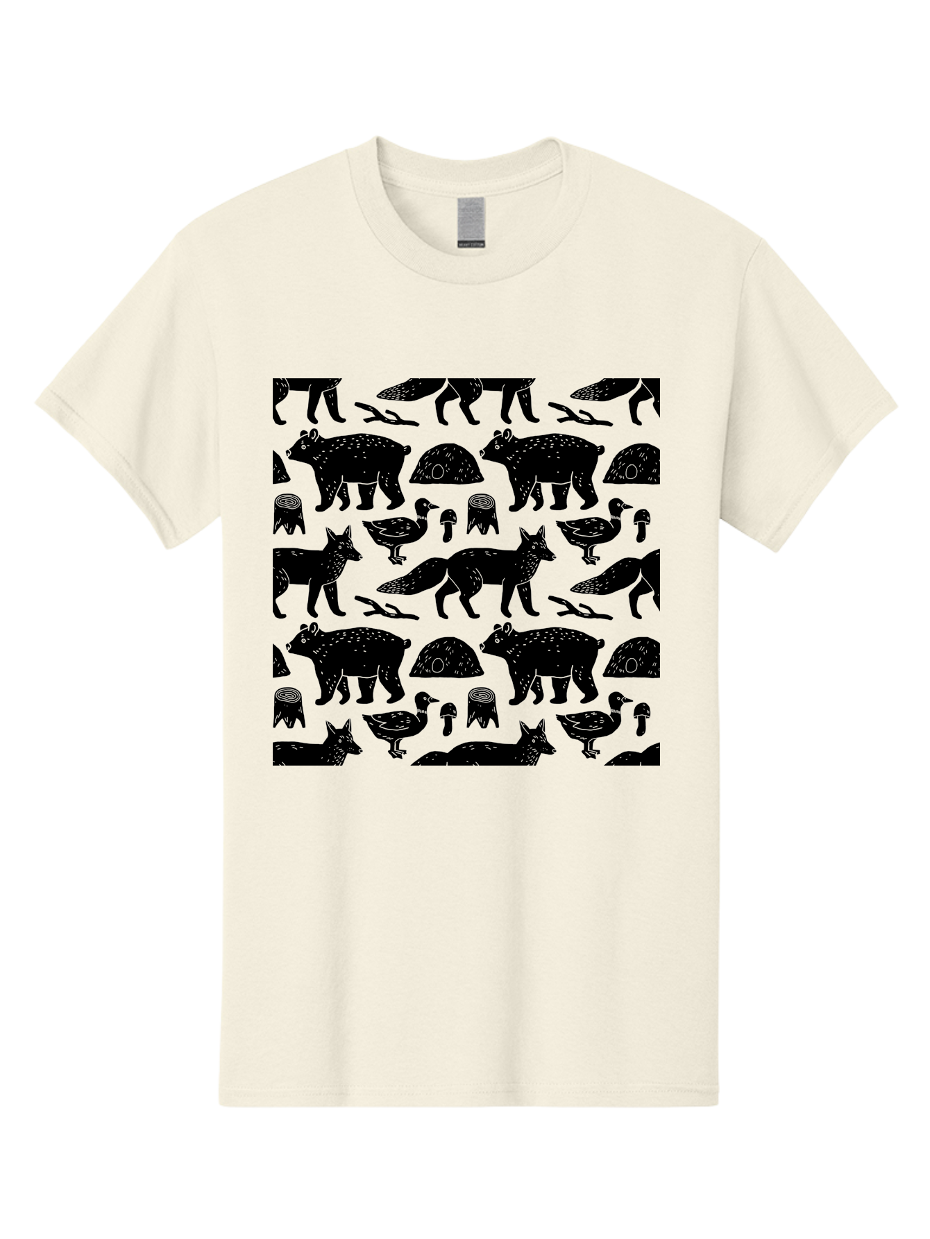 Woodland-Animal-Pattern Men'S Graphic Tee, 100% Cotton, Comfortable Casual Summer Wear, Machine Washable, Black Silhouettes Of Bears, Foxes, Birds, Mushrooms, Branches, Forest Creatures, Wildlife Pattern, Nature Design, Forest Theme, -  Aaa618