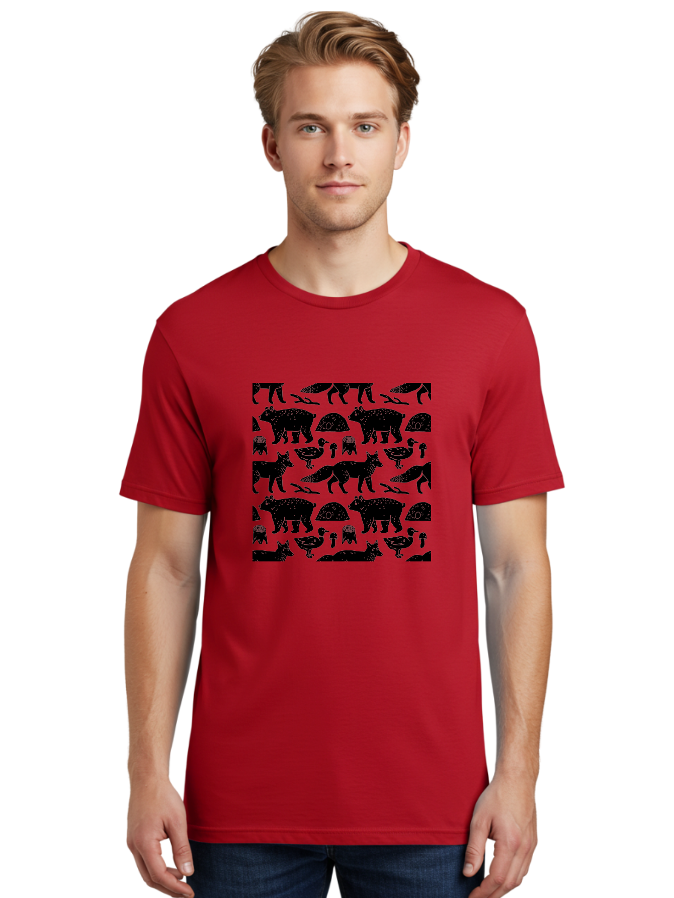 Woodland-Animal-Pattern Men'S Graphic Tee, 100% Cotton, Comfortable Casual Summer Wear, Machine Washable, Black Silhouettes Of Bears, Foxes, Birds, Mushrooms, Branches, Forest Creatures, Wildlife Pattern, Nature Design, Forest Theme, -  Aaa618