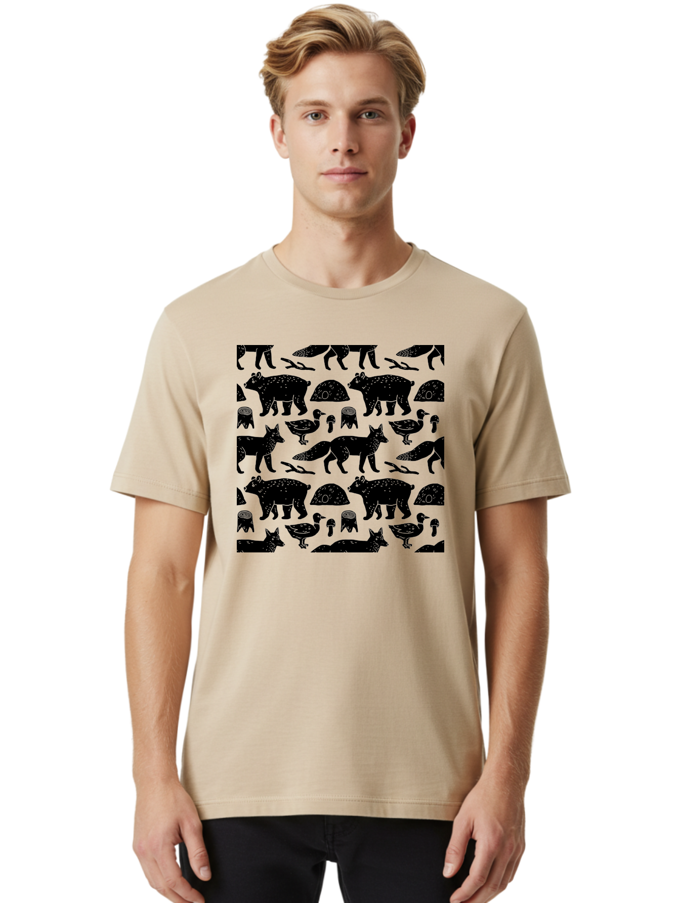 Woodland-Animal-Pattern Men'S Graphic Tee, 100% Cotton, Comfortable Casual Summer Wear, Machine Washable, Black Silhouettes Of Bears, Foxes, Birds, Mushrooms, Branches, Forest Creatures, Wildlife Pattern, Nature Design, Forest Theme, -  Aaa618