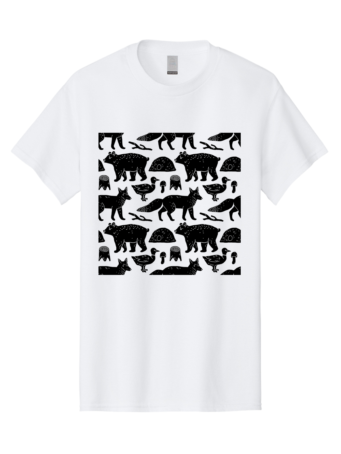 Woodland-Animal-Pattern Men'S Graphic Tee, 100% Cotton, Comfortable Casual Summer Wear, Machine Washable, Black Silhouettes Of Bears, Foxes, Birds, Mushrooms, Branches, Forest Creatures, Wildlife Pattern, Nature Design, Forest Theme, -  Aaa618
