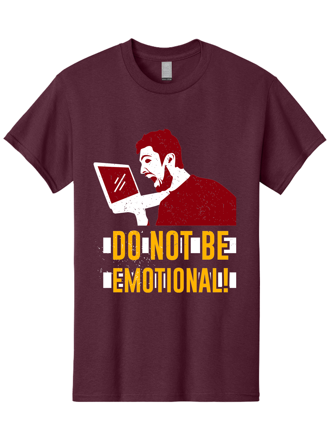 Do-Not-Be-Emotional Men'S Graphic Tee, 100% Cotton, Comfortable Casual Summer Wear, Machine Washable, Man Using Laptop, Shocked Expression, Emotional Response, Warning Message, Motivational Quote, Self-Control Reminder, Online Interaction -  Aaa622