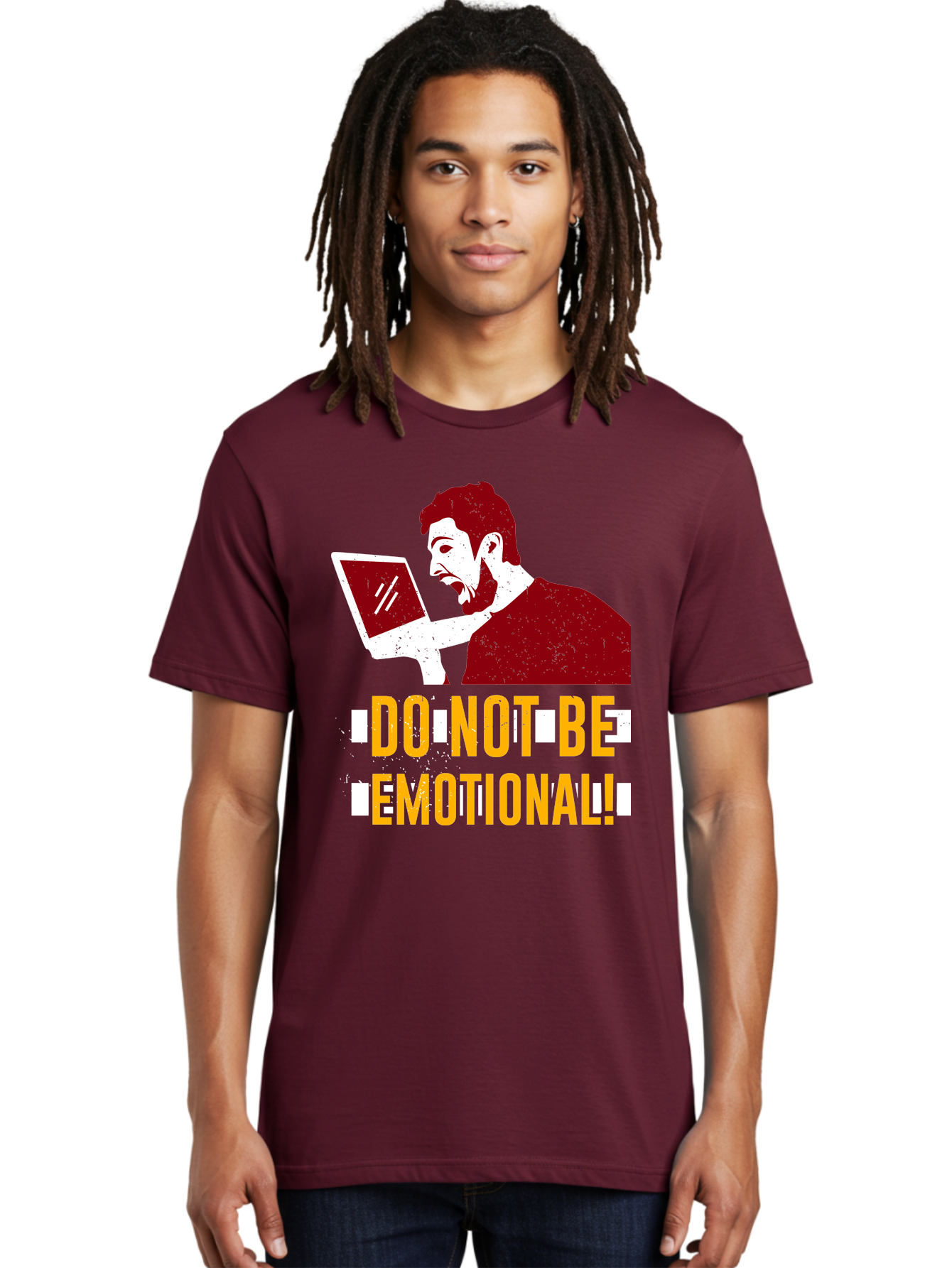 Do-Not-Be-Emotional Men'S Graphic Tee, 100% Cotton, Comfortable Casual Summer Wear, Machine Washable, Man Using Laptop, Shocked Expression, Emotional Response, Warning Message, Motivational Quote, Self-Control Reminder, Online Interaction -  Aaa622