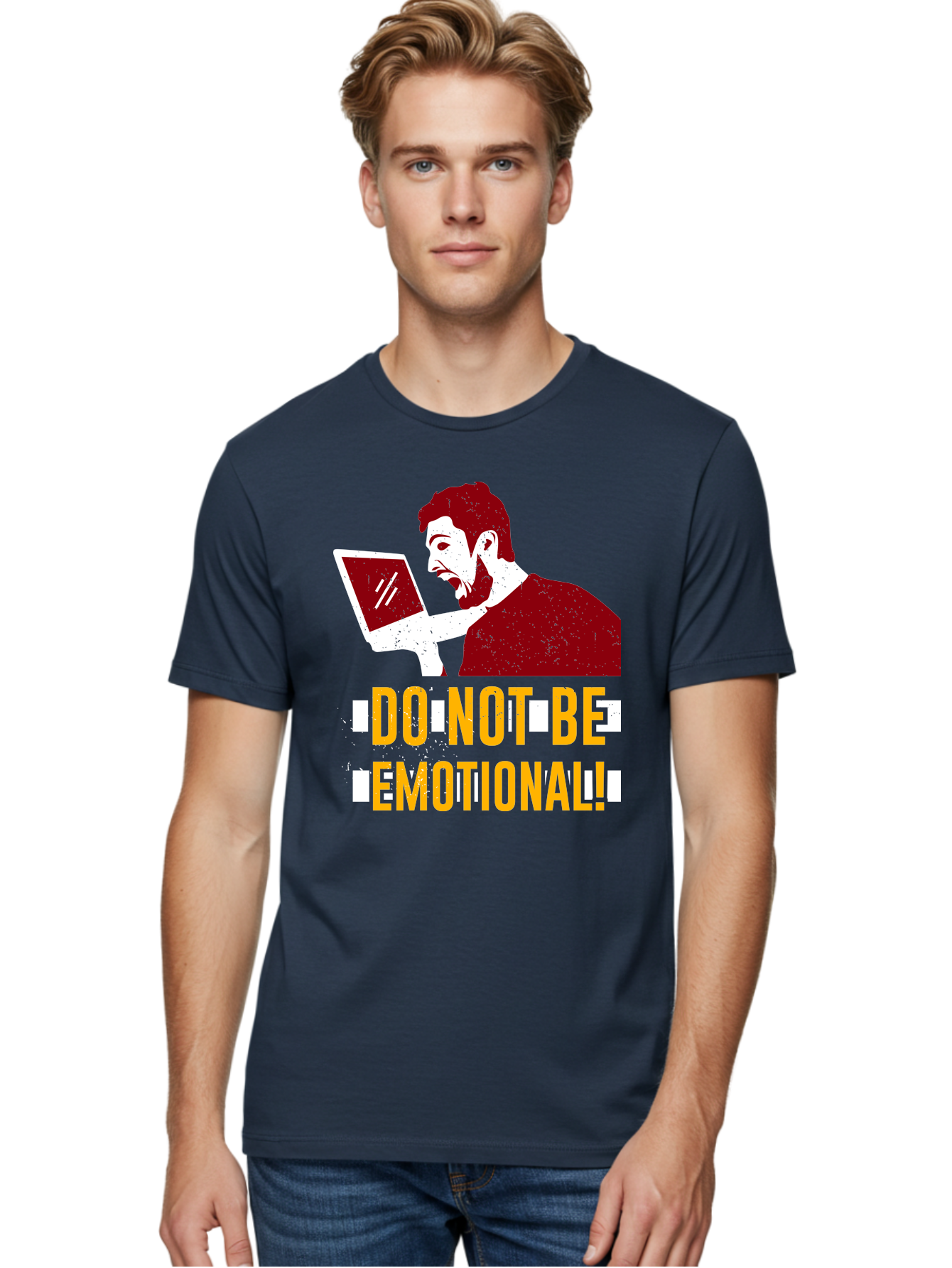 Do-Not-Be-Emotional Men'S Graphic Tee, 100% Cotton, Comfortable Casual Summer Wear, Machine Washable, Man Using Laptop, Shocked Expression, Emotional Response, Warning Message, Motivational Quote, Self-Control Reminder, Online Interaction -  Aaa622