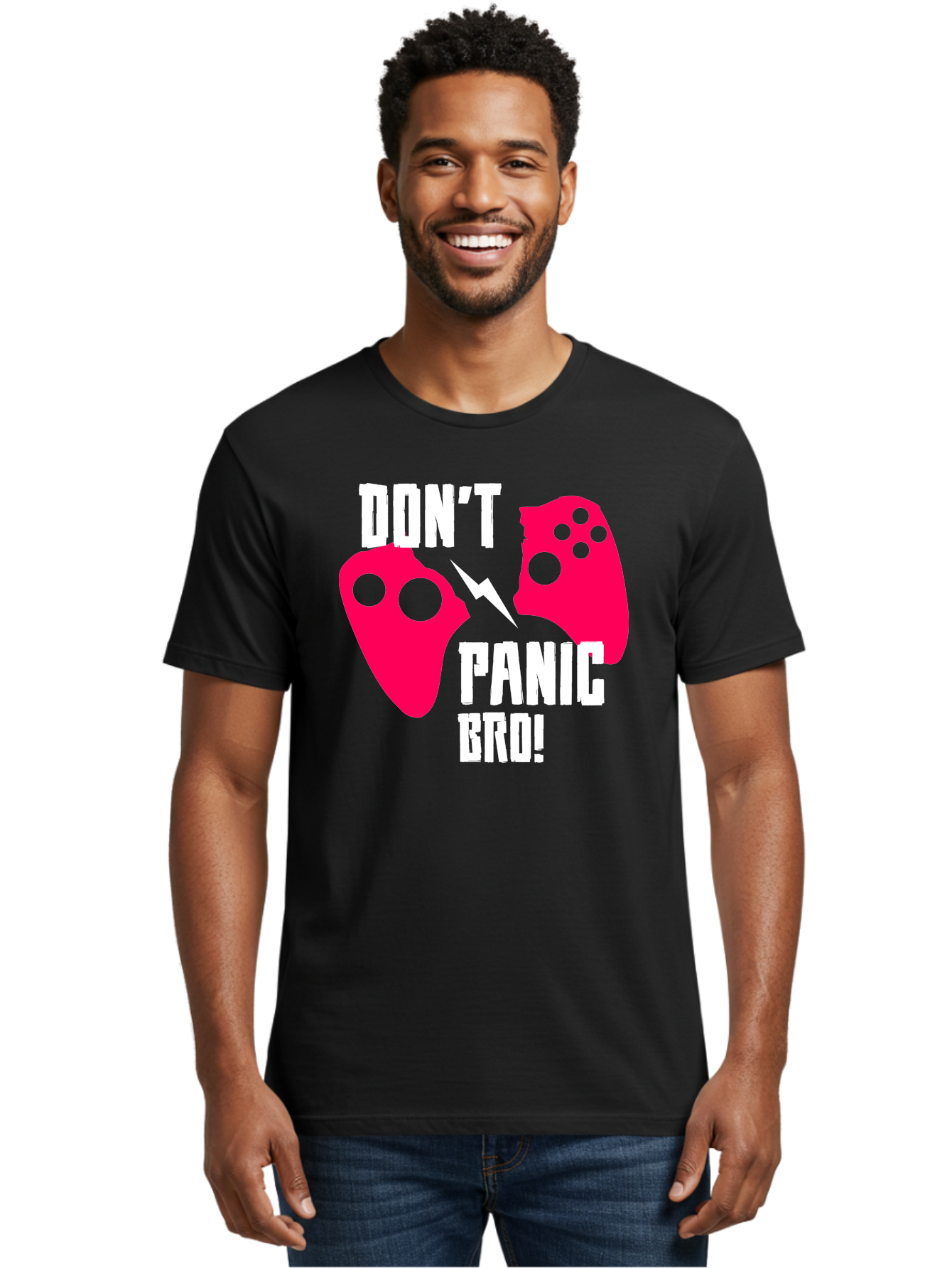 gaming, game controllers, broken controller, don't panic, panic, bro, funny quote, humorous meme, gaming humor, gaming frustration