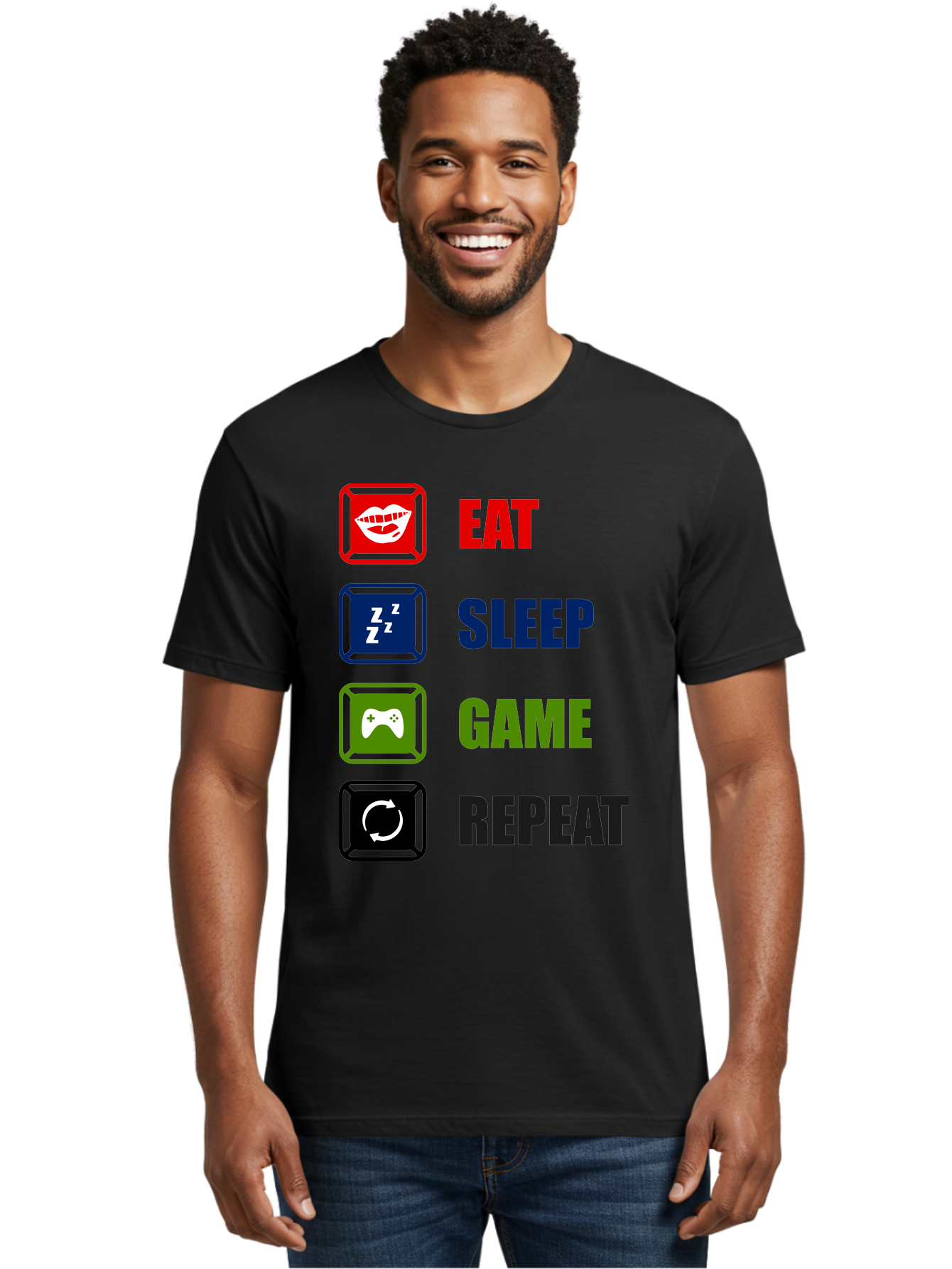 Eat-Sleep-Game-Repeat Men'S Graphic Tee, 100% Cotton, Comfortable Casual Summer Wear, Machine Washable, Gamer Lifestyle, Video Game Culture, Gaming Habits, Eat, Sleep, Game, Repeat, Gaming Community, Gamer Life -  Aaa626