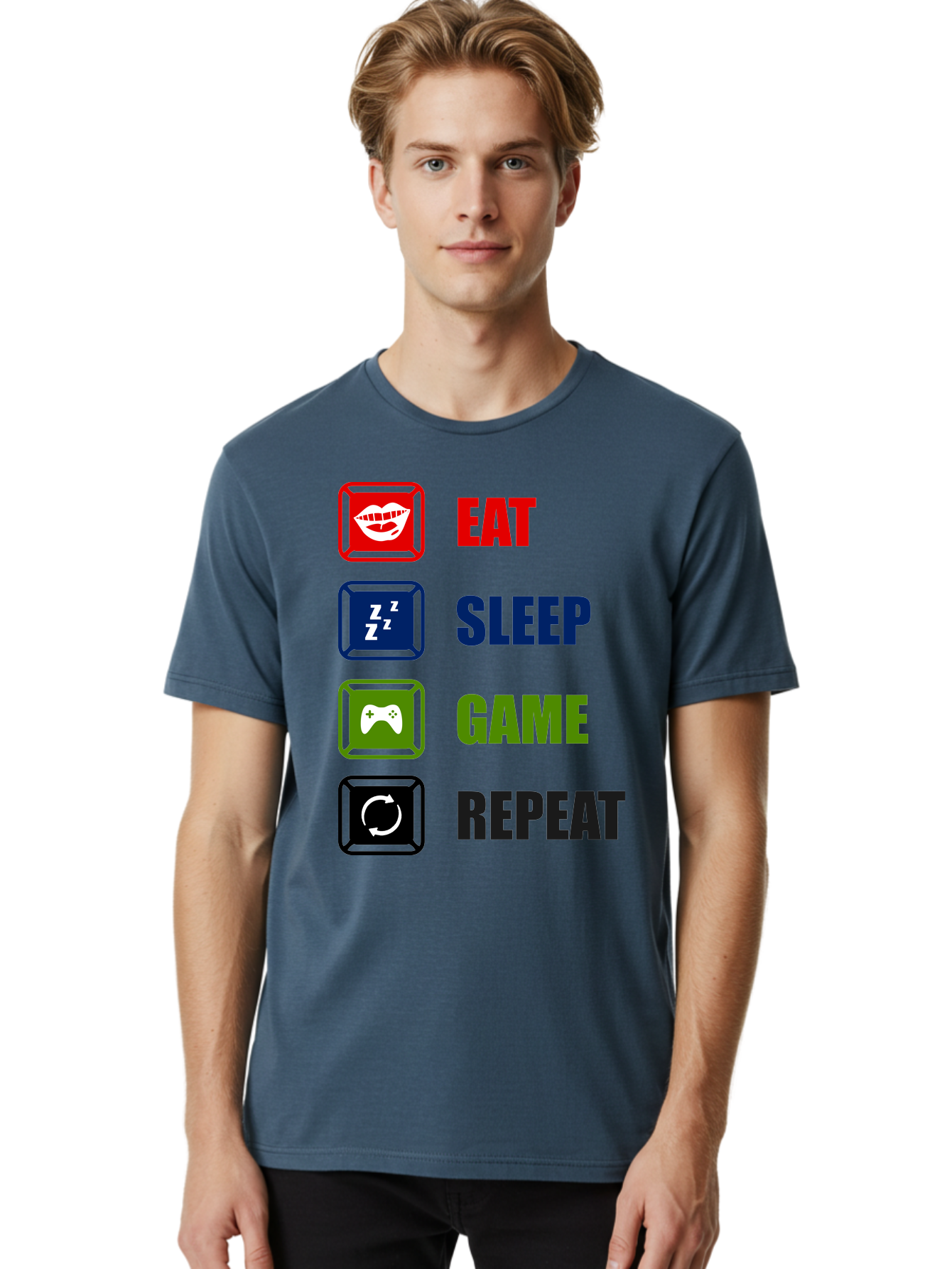 Eat-Sleep-Game-Repeat Men'S Graphic Tee, 100% Cotton, Comfortable Casual Summer Wear, Machine Washable, Gamer Lifestyle, Video Game Culture, Gaming Habits, Eat, Sleep, Game, Repeat, Gaming Community, Gamer Life -  Aaa626