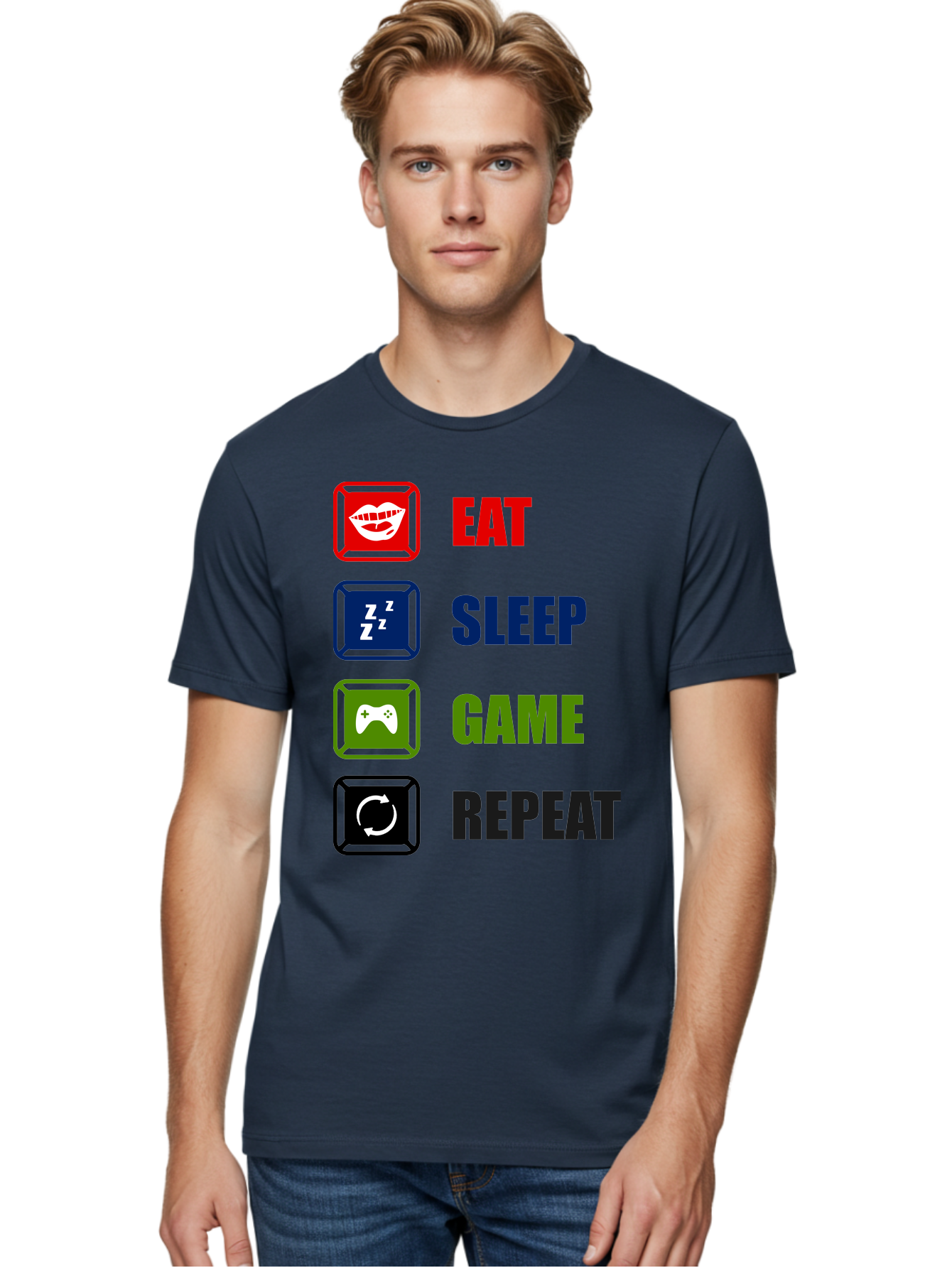 Eat-Sleep-Game-Repeat Men'S Graphic Tee, 100% Cotton, Comfortable Casual Summer Wear, Machine Washable, Gamer Lifestyle, Video Game Culture, Gaming Habits, Eat, Sleep, Game, Repeat, Gaming Community, Gamer Life -  Aaa626