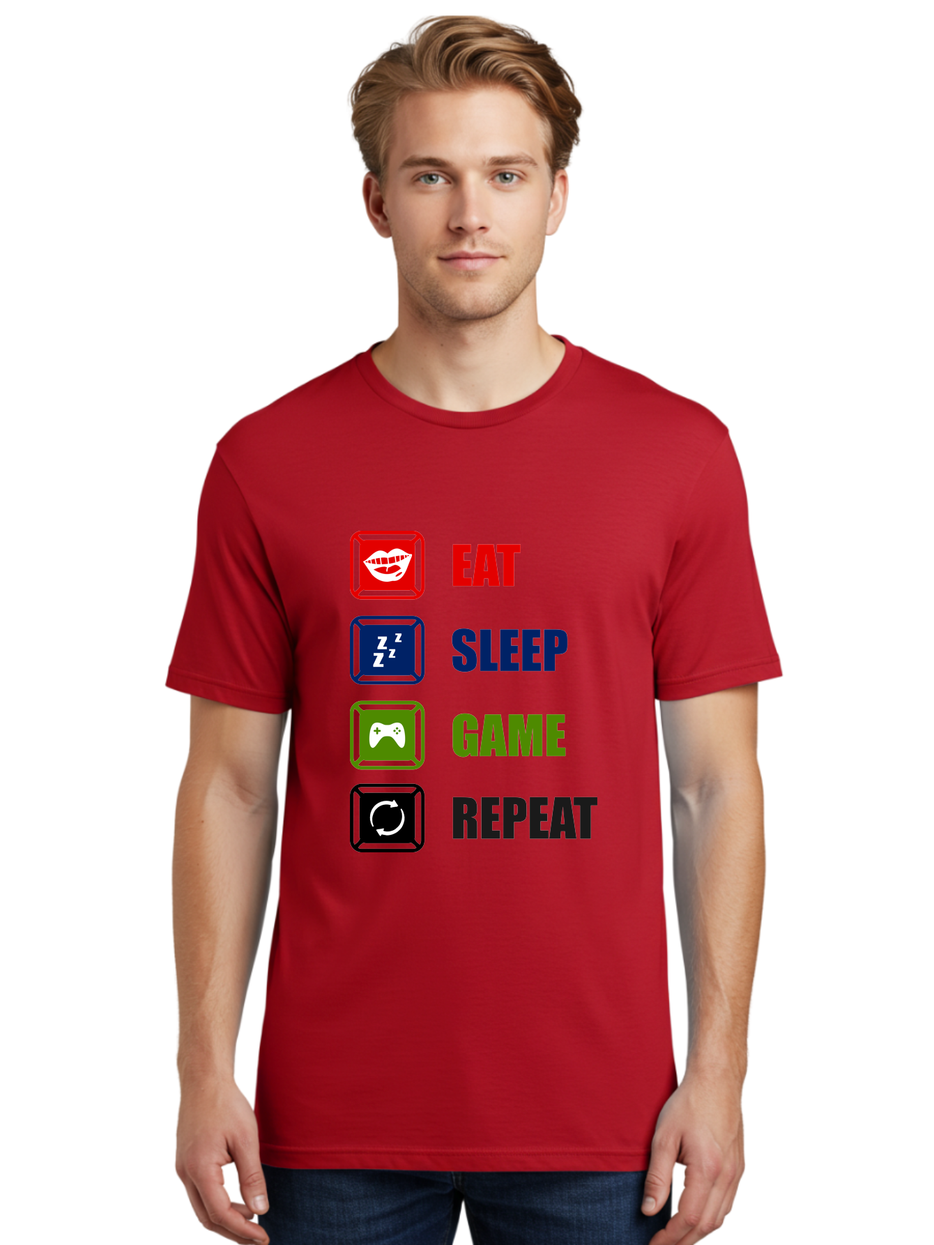 Eat-Sleep-Game-Repeat Men'S Graphic Tee, 100% Cotton, Comfortable Casual Summer Wear, Machine Washable, Gamer Lifestyle, Video Game Culture, Gaming Habits, Eat, Sleep, Game, Repeat, Gaming Community, Gamer Life -  Aaa626
