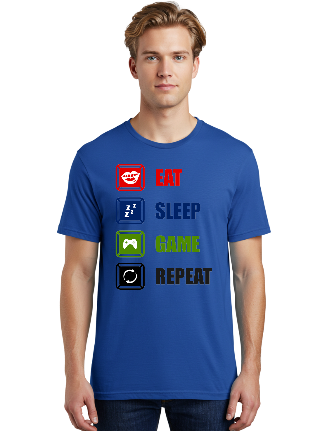 Eat-Sleep-Game-Repeat Men'S Graphic Tee, 100% Cotton, Comfortable Casual Summer Wear, Machine Washable, Gamer Lifestyle, Video Game Culture, Gaming Habits, Eat, Sleep, Game, Repeat, Gaming Community, Gamer Life -  Aaa626
