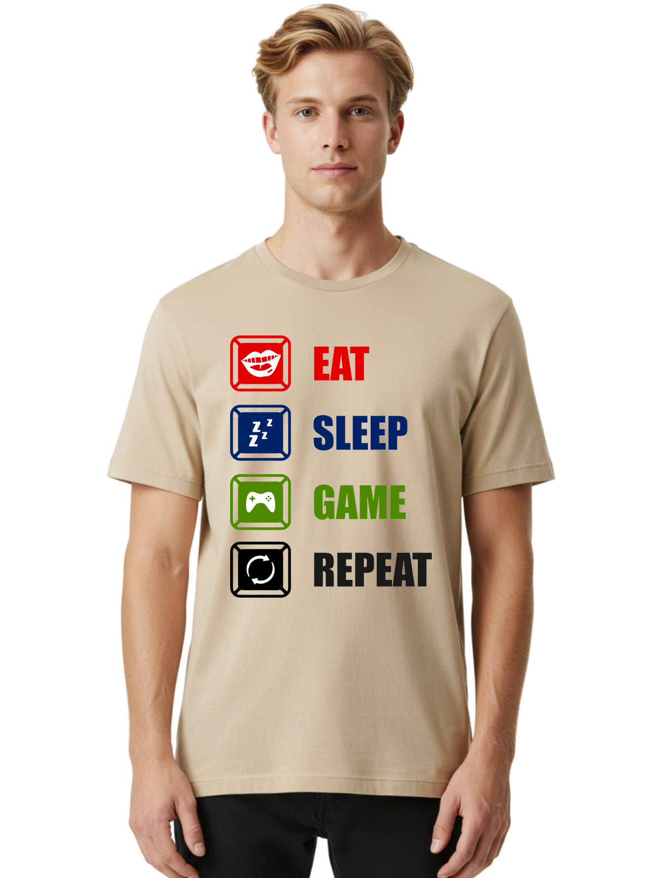 Eat-Sleep-Game-Repeat Men'S Graphic Tee, 100% Cotton, Comfortable Casual Summer Wear, Machine Washable, Gamer Lifestyle, Video Game Culture, Gaming Habits, Eat, Sleep, Game, Repeat, Gaming Community, Gamer Life -  Aaa626
