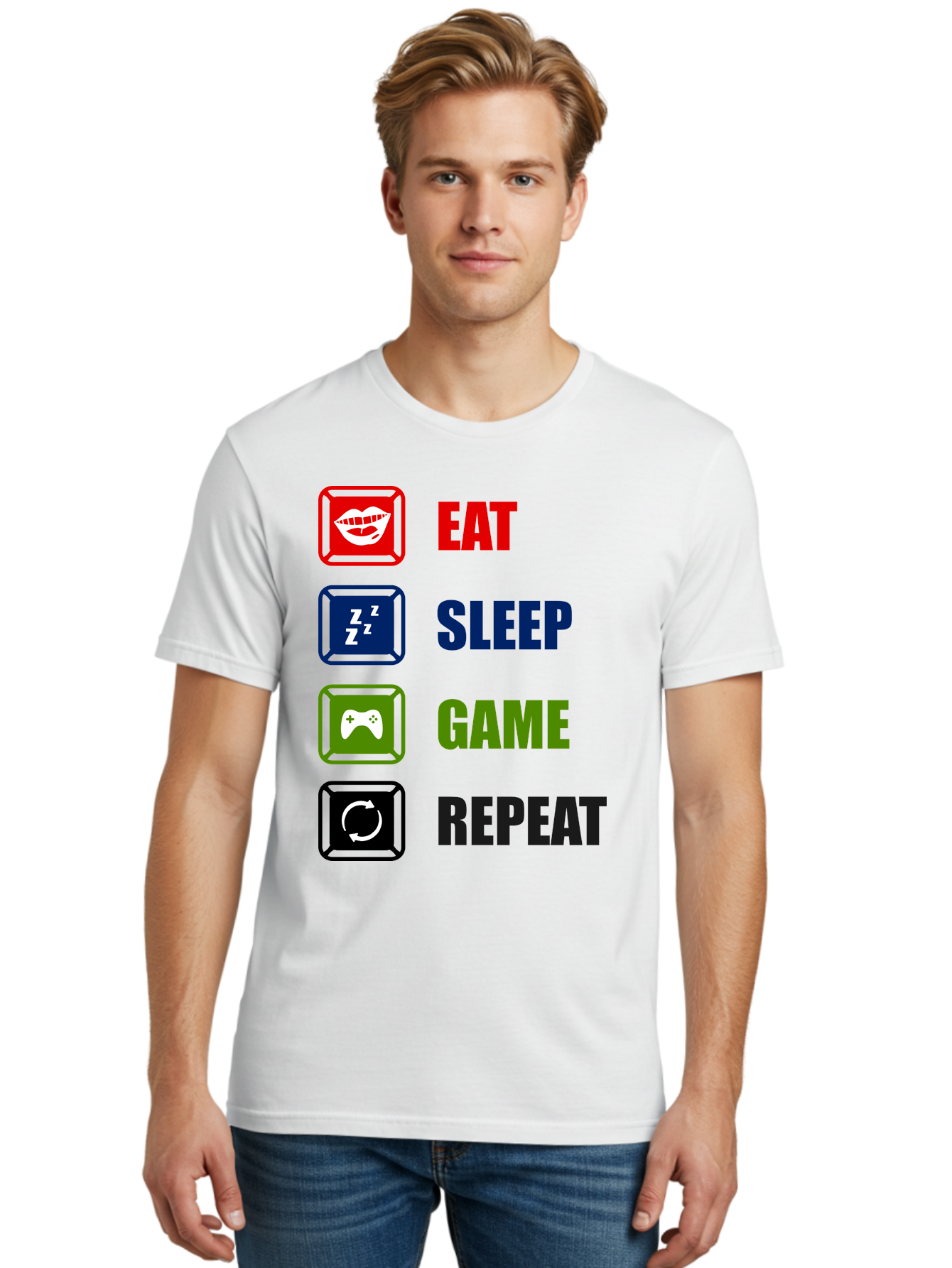 Eat-Sleep-Game-Repeat Men'S Graphic Tee, 100% Cotton, Comfortable Casual Summer Wear, Machine Washable, Gamer Lifestyle, Video Game Culture, Gaming Habits, Eat, Sleep, Game, Repeat, Gaming Community, Gamer Life -  Aaa626