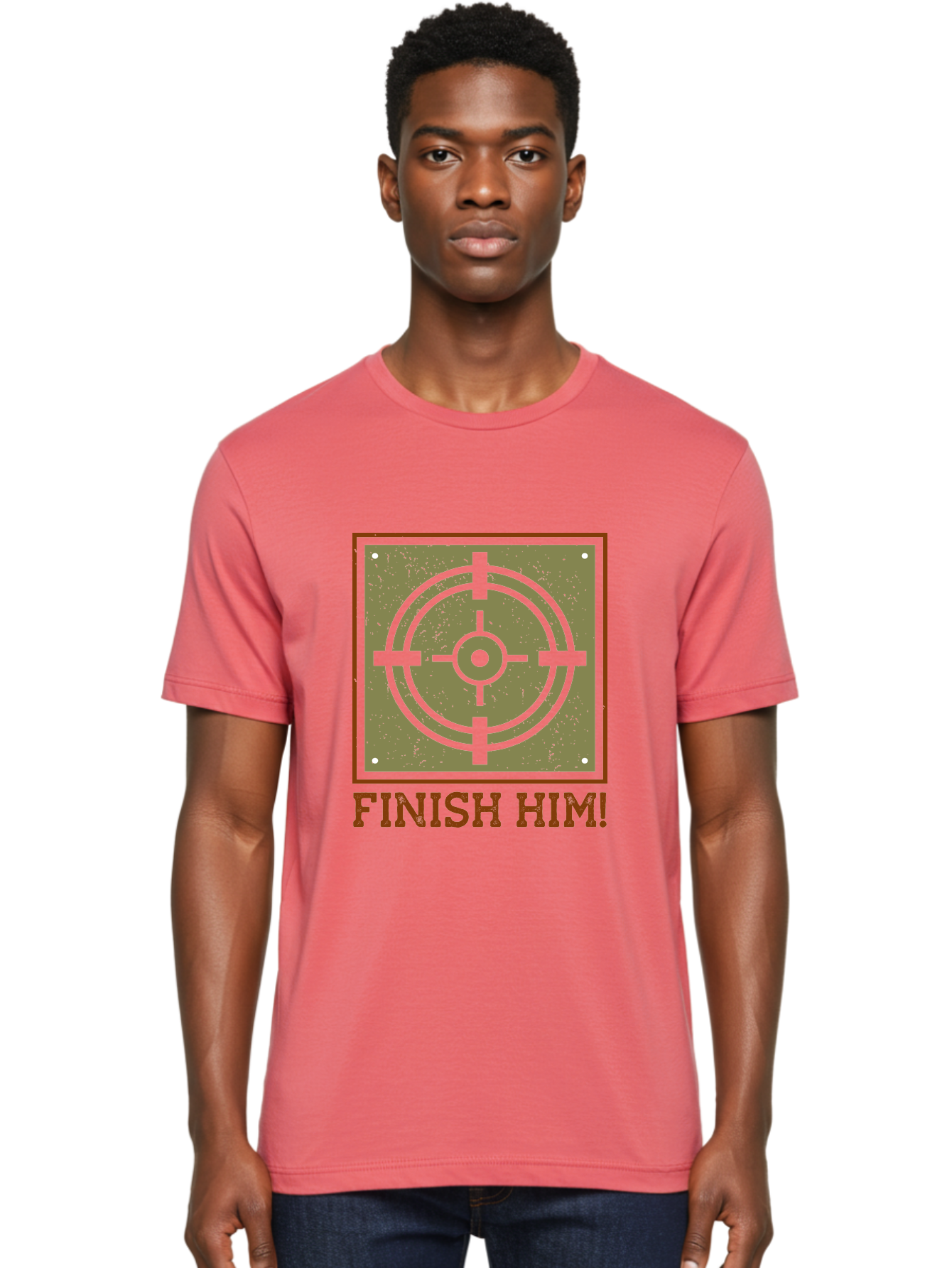 Finish-Him-Target Men'S Graphic Tee, 100% Cotton, Comfortable Casual Summer Wear, Machine Washable, Target Symbol, Bullseye, Combat Graphics, Finishing Move, Video Game Graphics, Intense Action, Fighting Games -  Aaa629
