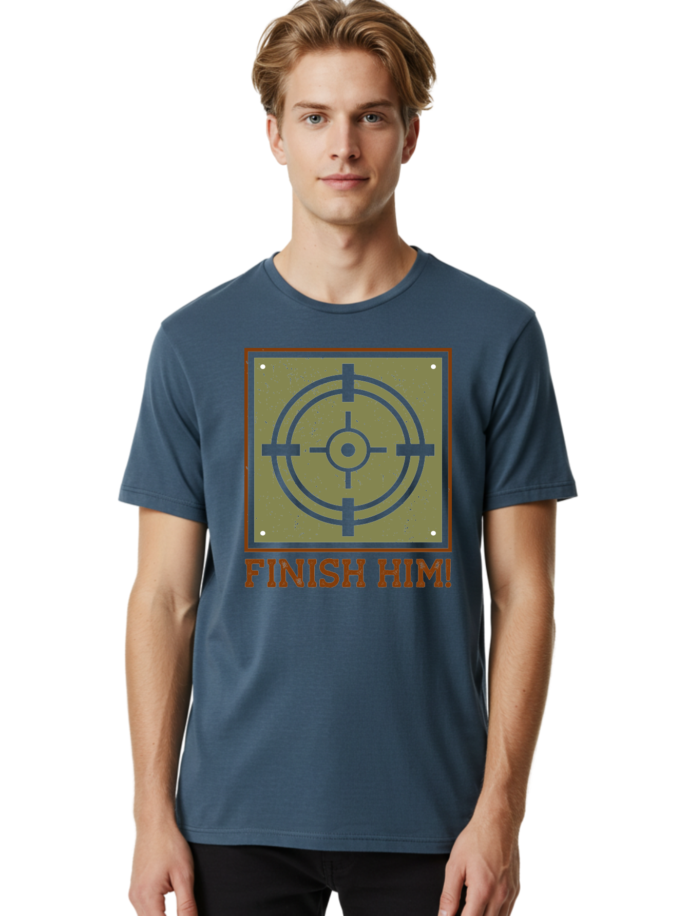 Finish-Him-Target Men'S Graphic Tee, 100% Cotton, Comfortable Casual Summer Wear, Machine Washable, Target Symbol, Bullseye, Combat Graphics, Finishing Move, Video Game Graphics, Intense Action, Fighting Games -  Aaa629