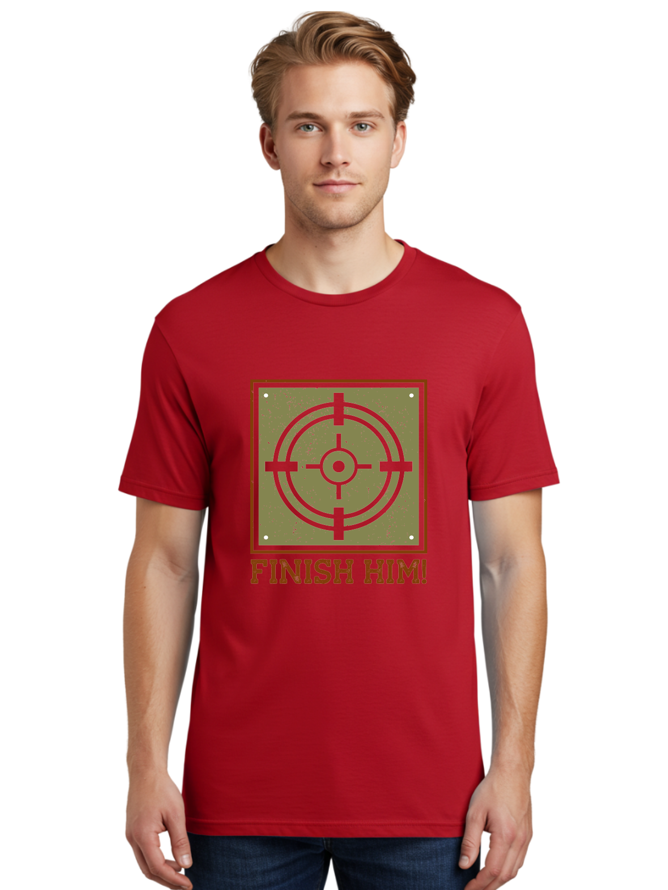Finish-Him-Target Men'S Graphic Tee, 100% Cotton, Comfortable Casual Summer Wear, Machine Washable, Target Symbol, Bullseye, Combat Graphics, Finishing Move, Video Game Graphics, Intense Action, Fighting Games -  Aaa629