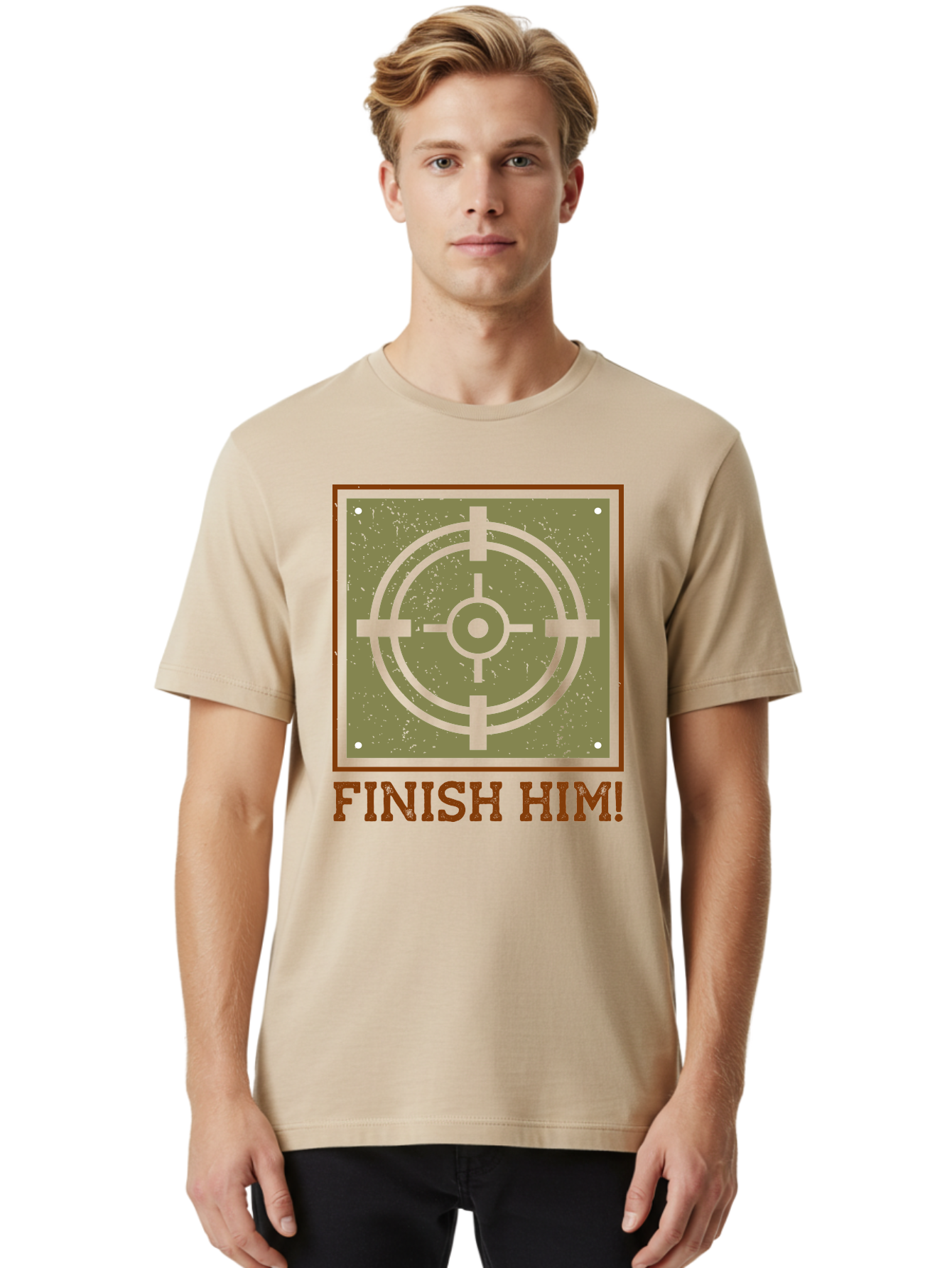 Finish-Him-Target Men'S Graphic Tee, 100% Cotton, Comfortable Casual Summer Wear, Machine Washable, Target Symbol, Bullseye, Combat Graphics, Finishing Move, Video Game Graphics, Intense Action, Fighting Games -  Aaa629