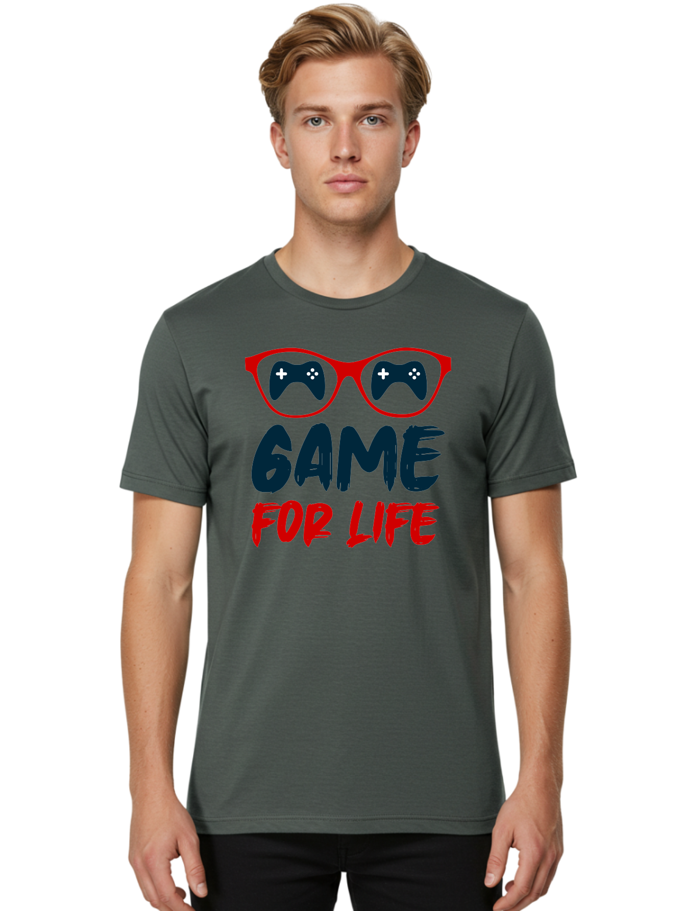 Game-For-Life Men'S Graphic Tee, 100% Cotton, Comfortable Casual Summer Wear, Machine Washable, Gaming Culture, Game Controllers, Video Games, Gamer Lifestyle, Game For Life, Gaming Community, Fun, Entertainment, Red Glasses -  Aaa630