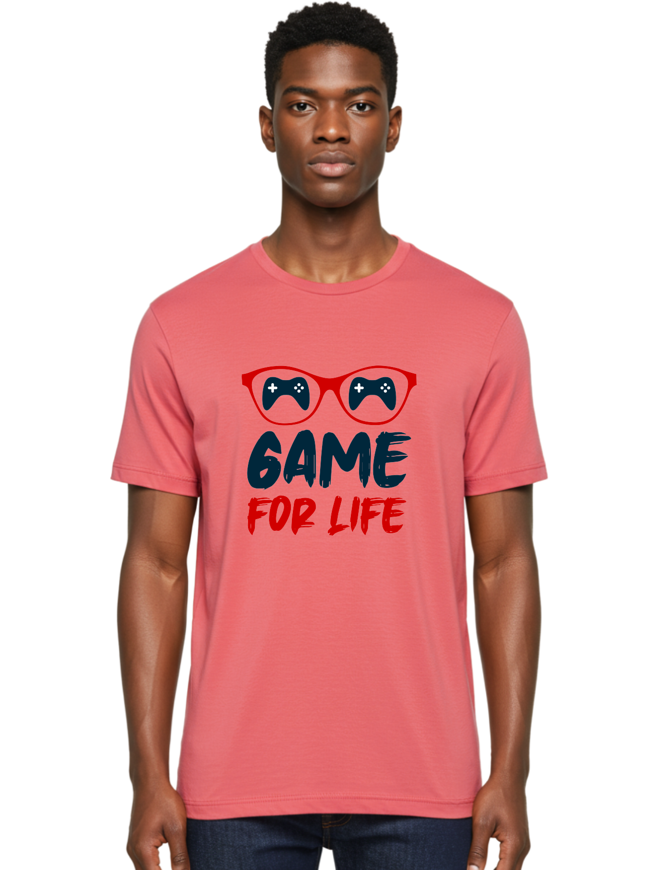 Game-For-Life Men'S Graphic Tee, 100% Cotton, Comfortable Casual Summer Wear, Machine Washable, Gaming Culture, Game Controllers, Video Games, Gamer Lifestyle, Game For Life, Gaming Community, Fun, Entertainment, Red Glasses -  Aaa630