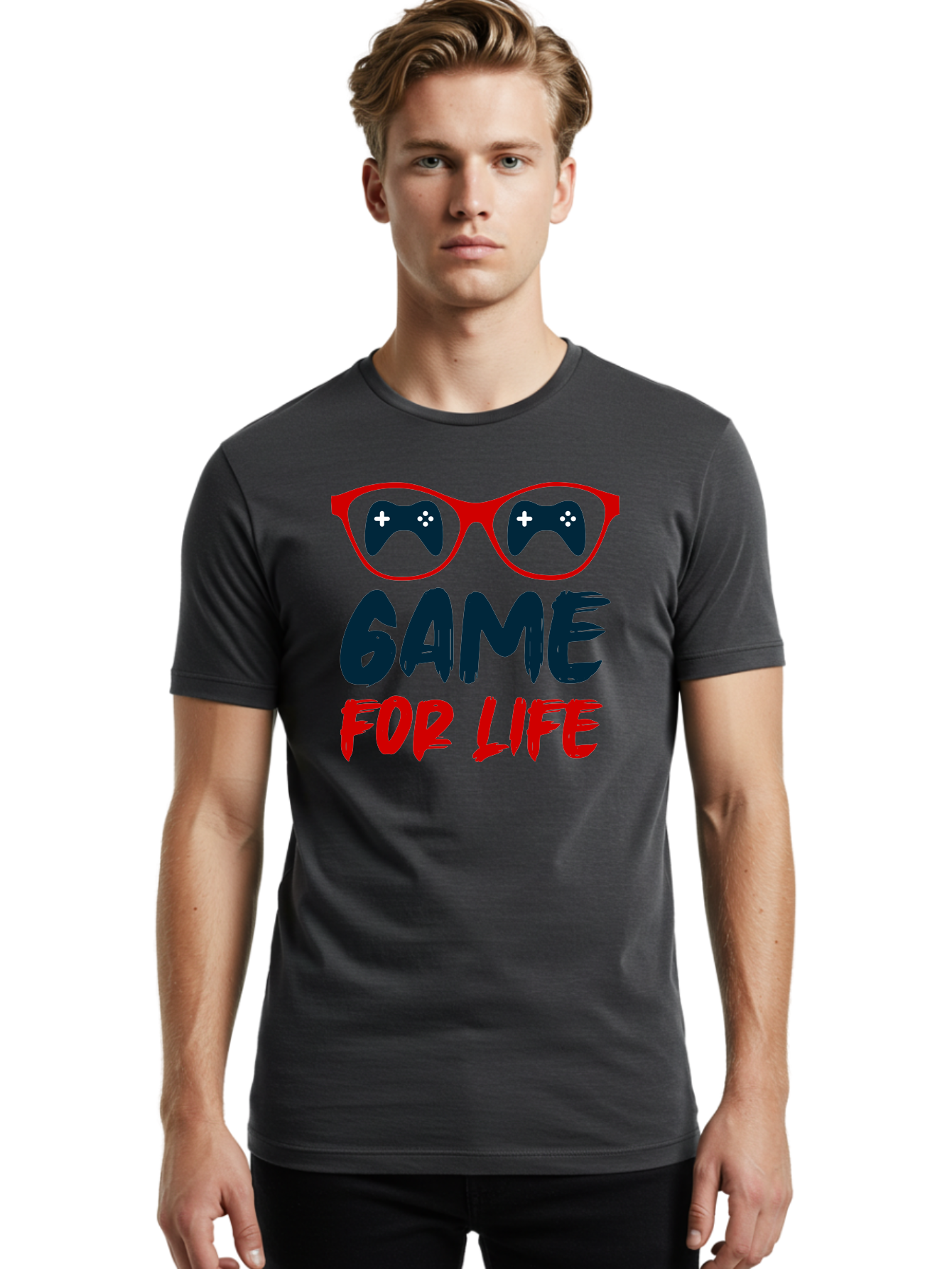 Game-For-Life Men'S Graphic Tee, 100% Cotton, Comfortable Casual Summer Wear, Machine Washable, Gaming Culture, Game Controllers, Video Games, Gamer Lifestyle, Game For Life, Gaming Community, Fun, Entertainment, Red Glasses -  Aaa630