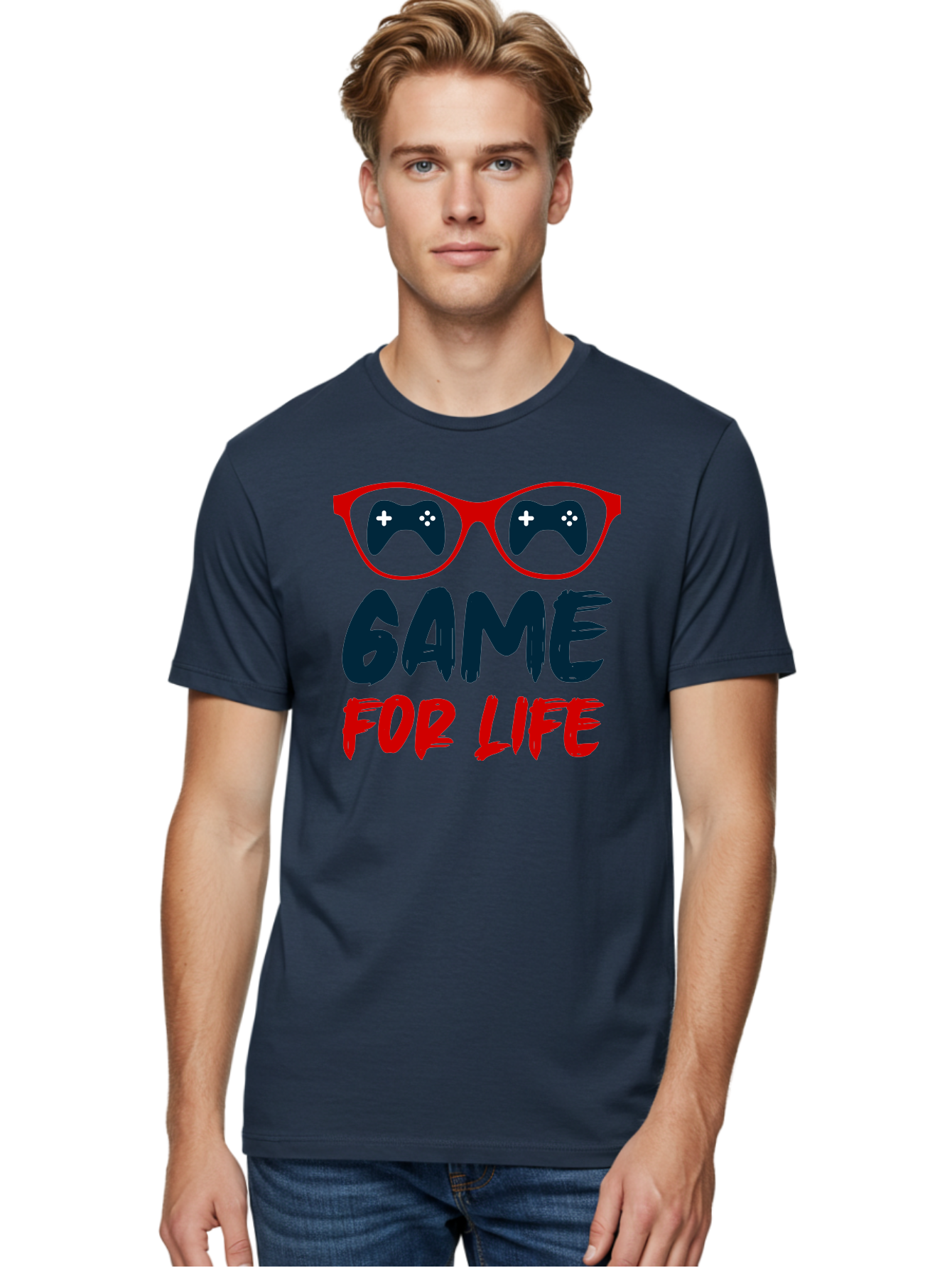 Game-For-Life Men'S Graphic Tee, 100% Cotton, Comfortable Casual Summer Wear, Machine Washable, Gaming Culture, Game Controllers, Video Games, Gamer Lifestyle, Game For Life, Gaming Community, Fun, Entertainment, Red Glasses -  Aaa630