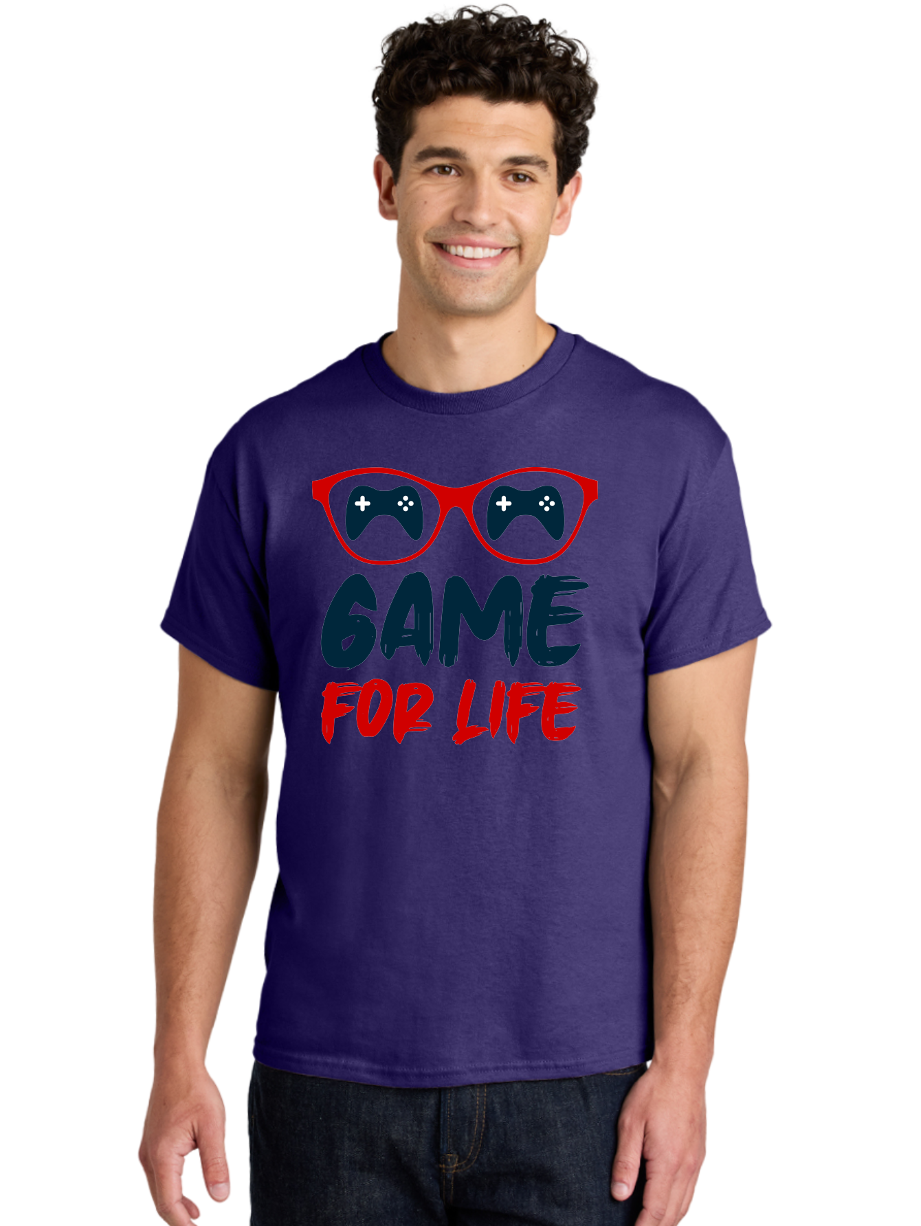 Game-For-Life Men'S Graphic Tee, 100% Cotton, Comfortable Casual Summer Wear, Machine Washable, Gaming Culture, Game Controllers, Video Games, Gamer Lifestyle, Game For Life, Gaming Community, Fun, Entertainment, Red Glasses -  Aaa630