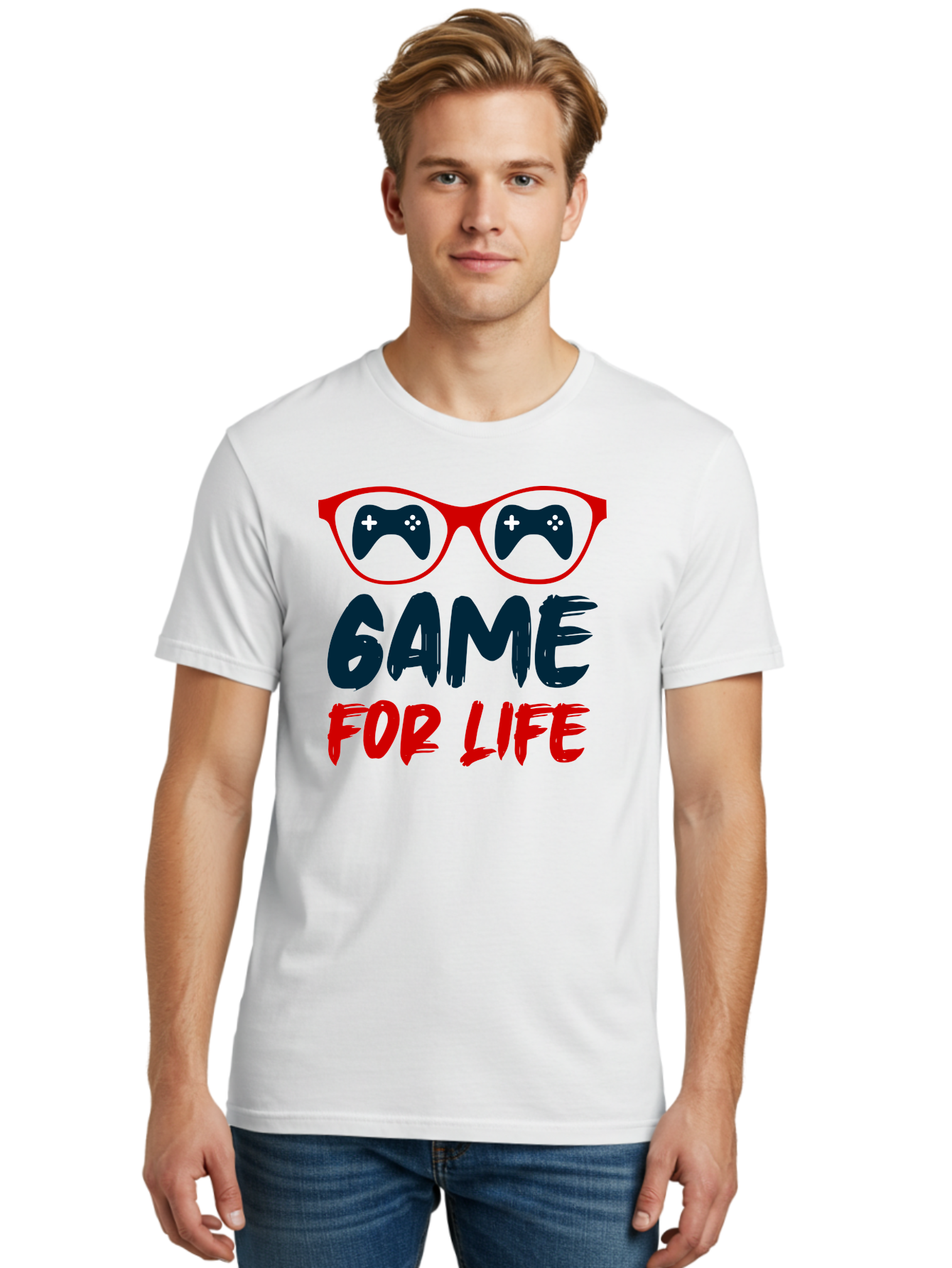 Game-For-Life Men'S Graphic Tee, 100% Cotton, Comfortable Casual Summer Wear, Machine Washable, Gaming Culture, Game Controllers, Video Games, Gamer Lifestyle, Game For Life, Gaming Community, Fun, Entertainment, Red Glasses -  Aaa630