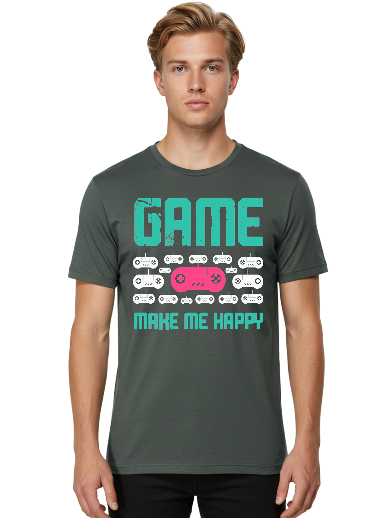Game-Make-Me-Happy Men'S Graphic Tee, 100% Cotton, Comfortable Casual Summer Wear, Machine Washable, Gaming Controller, Gamepad, Video Games, Gaming Accessories, Positive Vibes, Happiness, Gaming, Make Me Happy -  Aaa631