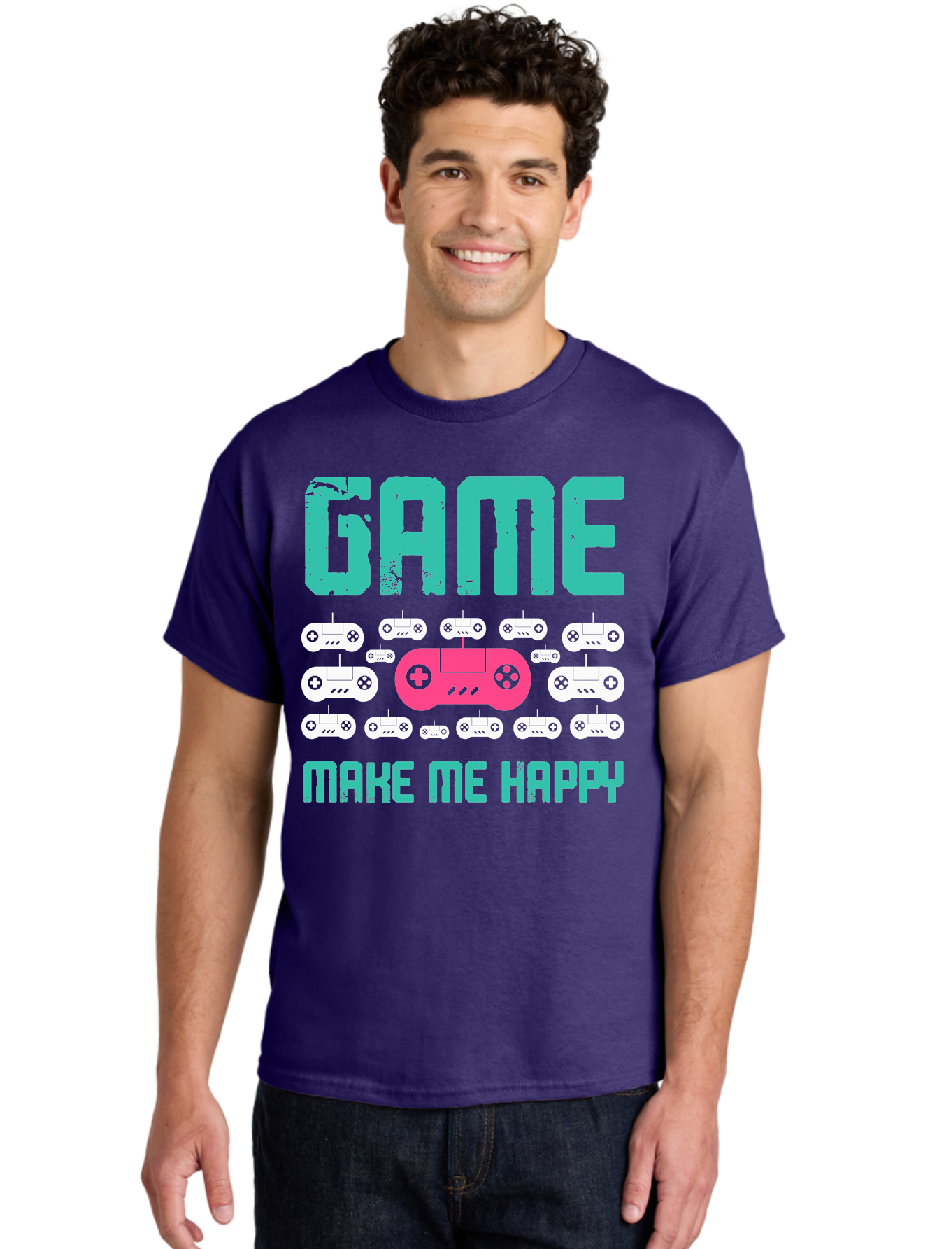 Game-Make-Me-Happy Men'S Graphic Tee, 100% Cotton, Comfortable Casual Summer Wear, Machine Washable, Gaming Controller, Gamepad, Video Games, Gaming Accessories, Positive Vibes, Happiness, Gaming, Make Me Happy -  Aaa631