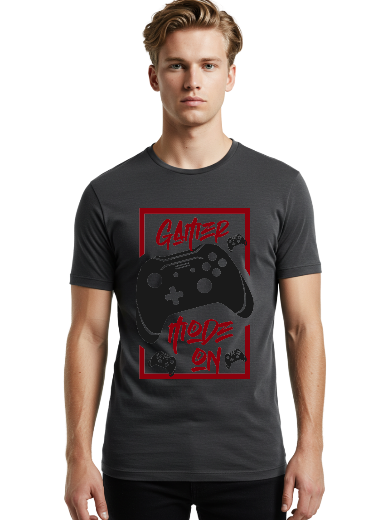 Gamer-Mode-On Men'S Graphic Tee, 100% Cotton, Comfortable Casual Summer Wear, Machine Washable, Game Controller, Gaming Graphics, Video Game Console, Game Mode On, Gather Mode, Gamer Culture, Gaming Community, Game On, Red And Green Design -  Aaa634