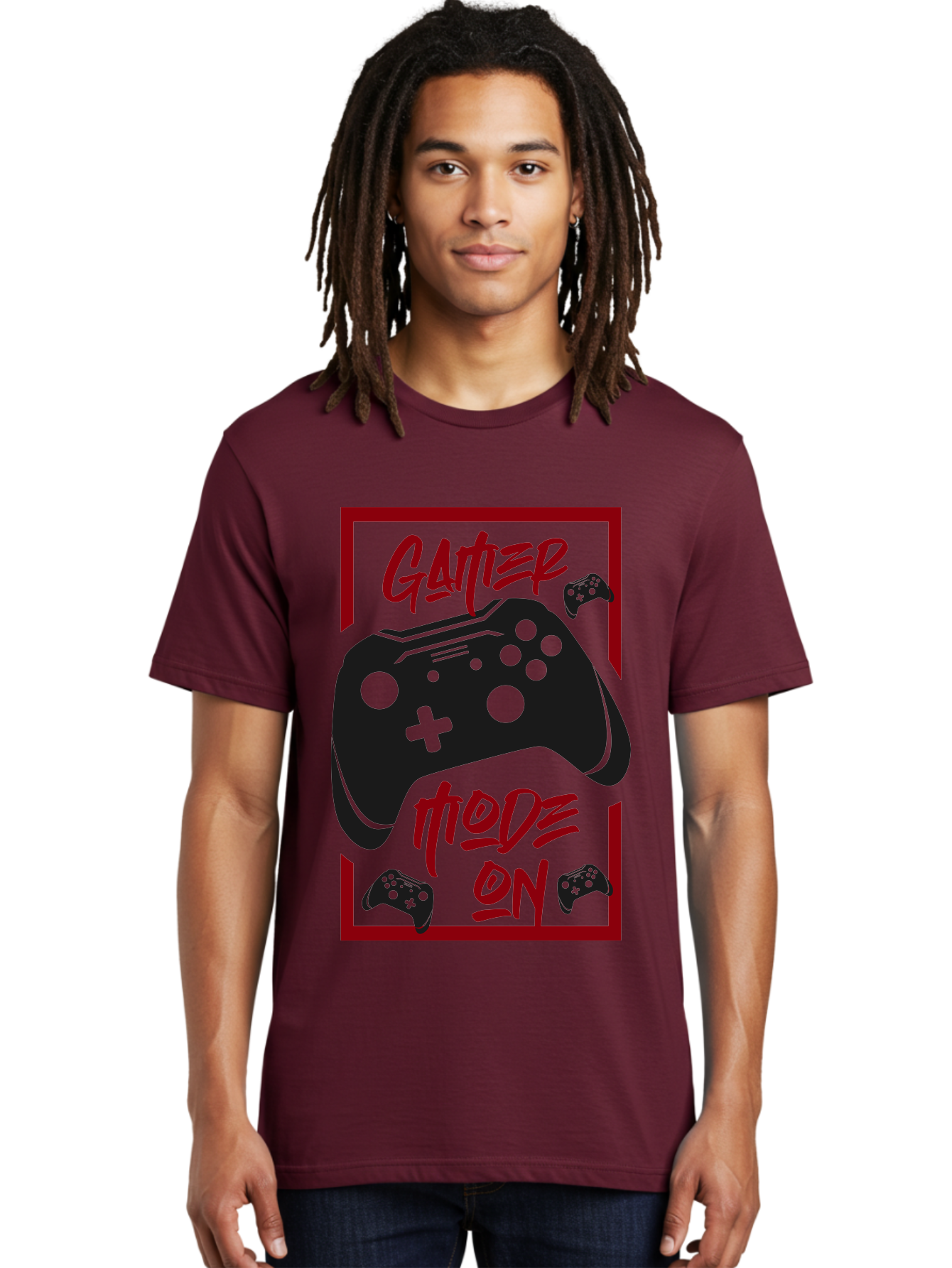 Gamer-Mode-On Men'S Graphic Tee, 100% Cotton, Comfortable Casual Summer Wear, Machine Washable, Game Controller, Gaming Graphics, Video Game Console, Game Mode On, Gather Mode, Gamer Culture, Gaming Community, Game On, Red And Green Design -  Aaa634