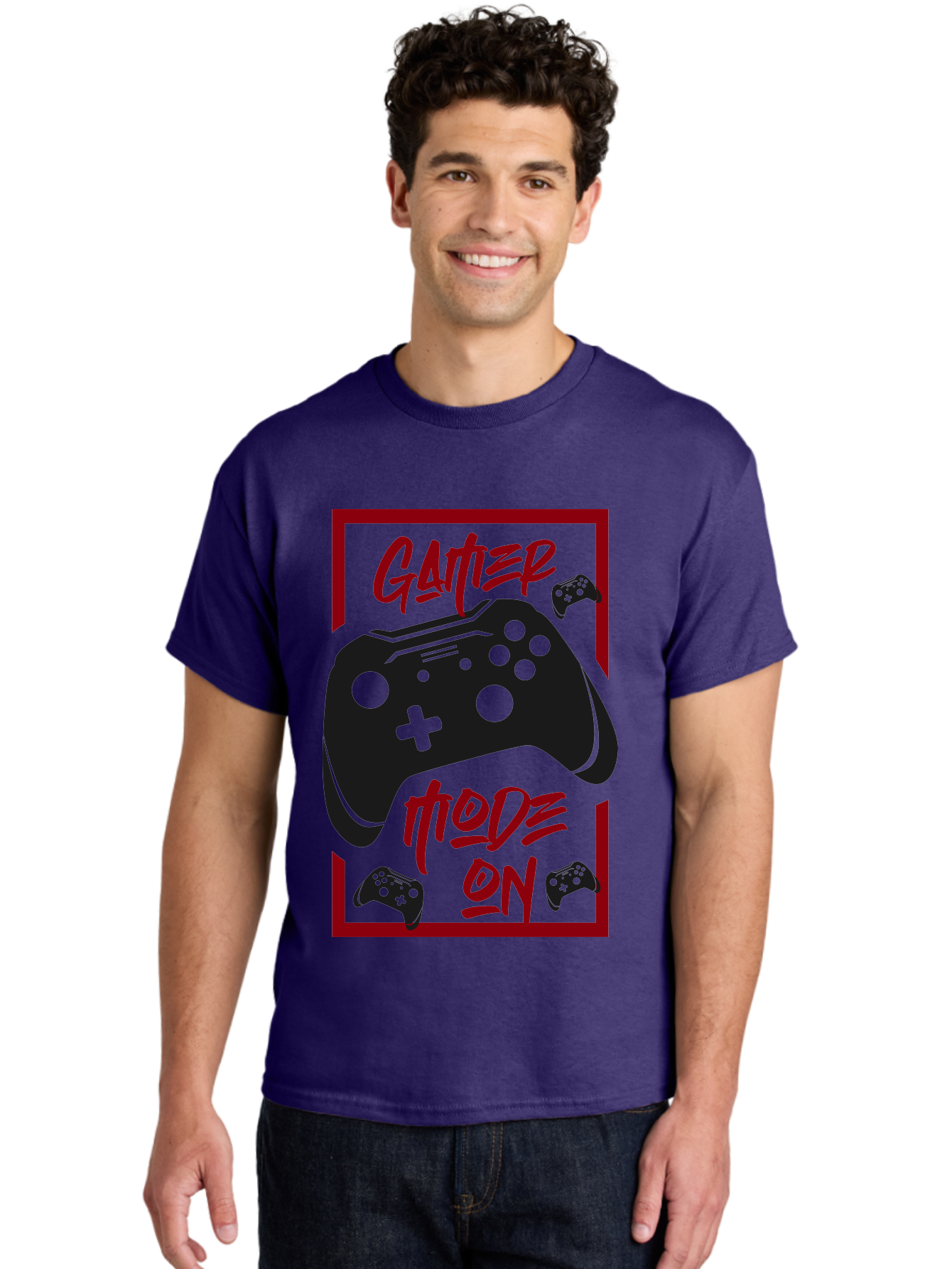 Gamer-Mode-On Men'S Graphic Tee, 100% Cotton, Comfortable Casual Summer Wear, Machine Washable, Game Controller, Gaming Graphics, Video Game Console, Game Mode On, Gather Mode, Gamer Culture, Gaming Community, Game On, Red And Green Design -  Aaa634