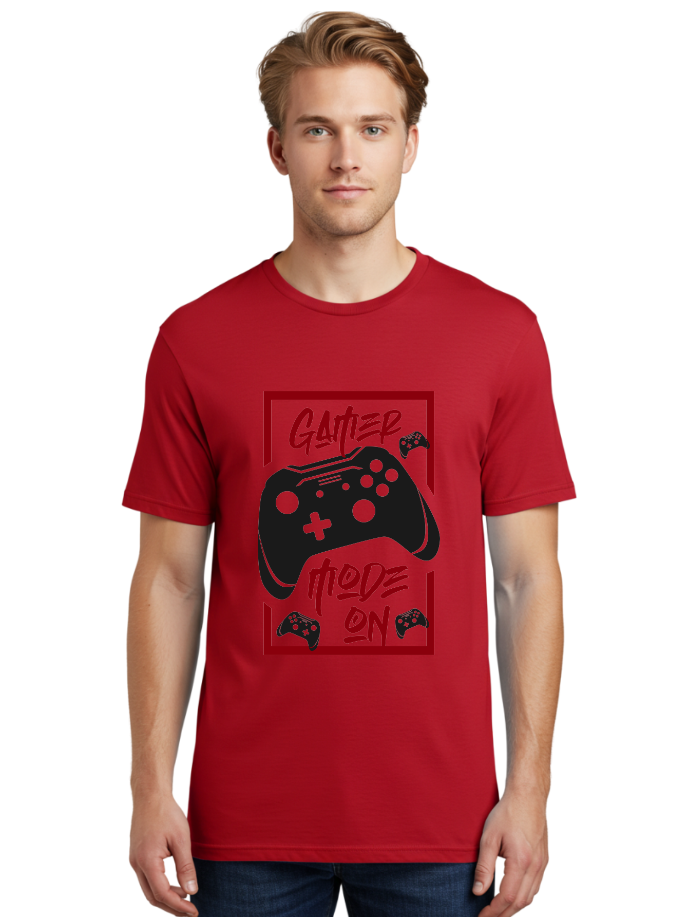 Gamer-Mode-On Men'S Graphic Tee, 100% Cotton, Comfortable Casual Summer Wear, Machine Washable, Game Controller, Gaming Graphics, Video Game Console, Game Mode On, Gather Mode, Gamer Culture, Gaming Community, Game On, Red And Green Design -  Aaa634