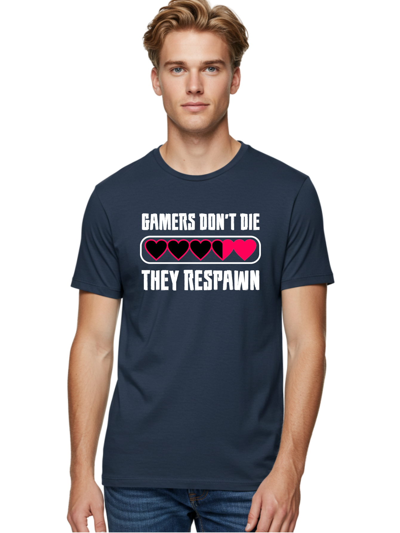 Gamers-Don-T-Die-They-Respwan Men'S Graphic Tee, 100% Cotton, Comfortable Casual Summer Wear, Machine Washable, Gaming Quote, Gamer Life, Respawn, Video Game Humor, Gaming Culture, Gamer Hearts, Digital Entertainment, Gaming Phrase -  Aaa637