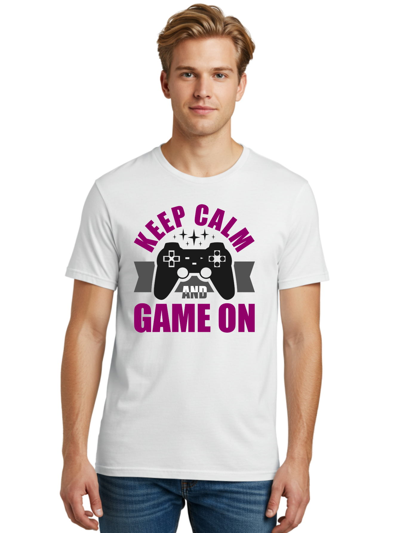 Keep-Calm-And-Game-On Men'S Graphic Tee, 100% Cotton, Comfortable Casual Summer Wear, Machine Washable, Gaming Inspiration, Motivational Quote, Video Game Controller, Keep Calm, Game On, Gaming Quote, Motivational Poster, -  Aaa651