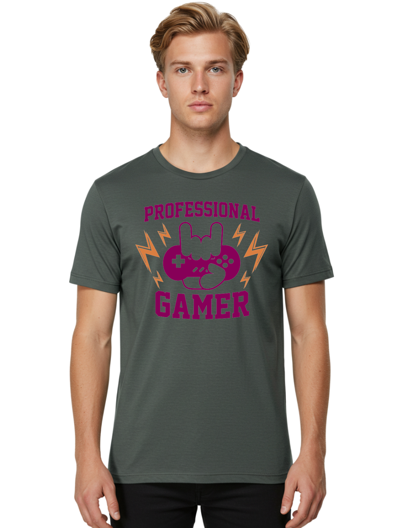 Professional-Gamer Men'S Graphic Tee, 100% Cotton, Comfortable Casual Summer Wear, Machine Washable, Professional Gamer, Gaming Logo, Video Game Controller, Rock On Hand Sign, Esports Branding, Gaming Culture, Purple And Green Graphics, -  Aaa658