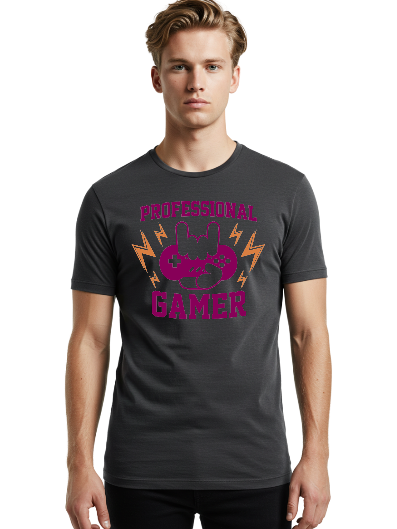 Professional-Gamer Men'S Graphic Tee, 100% Cotton, Comfortable Casual Summer Wear, Machine Washable, Professional Gamer, Gaming Logo, Video Game Controller, Rock On Hand Sign, Esports Branding, Gaming Culture, Purple And Green Graphics, -  Aaa658